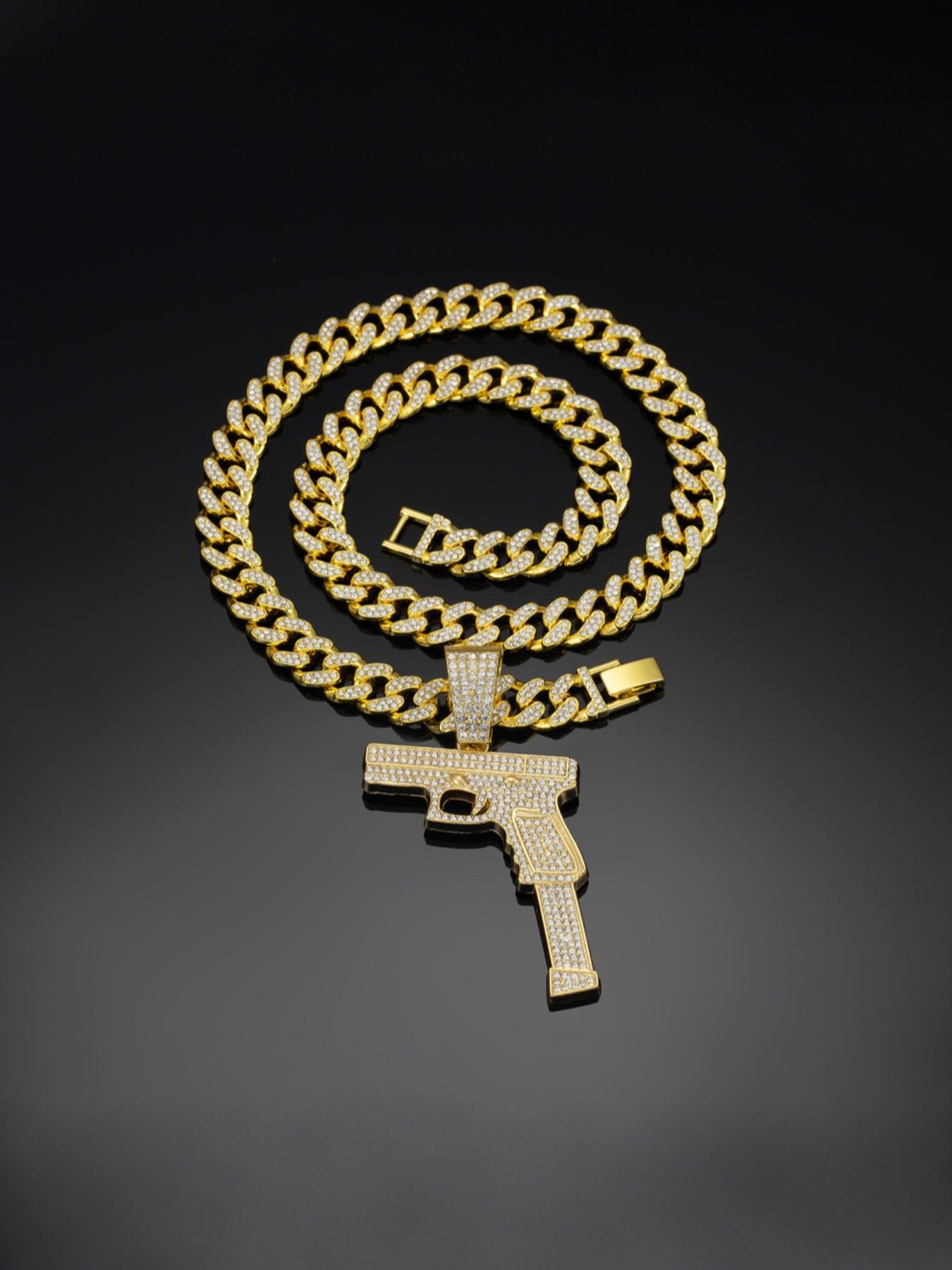 Hip Hop Gun Shape Zircon Pendant Necklace, Alloy Cuban Link Chain Street Style Art Culture Jewelry, Unisex Hipster Fashion Accessory