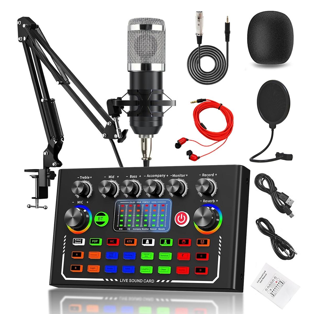 Professional Podcast Equipment Set BT Connection Bm-800 Microphone Kit Dj Sound Control Mixer Live Audio Mixer for Phone Computer Laptop Live Streaming Music Singing