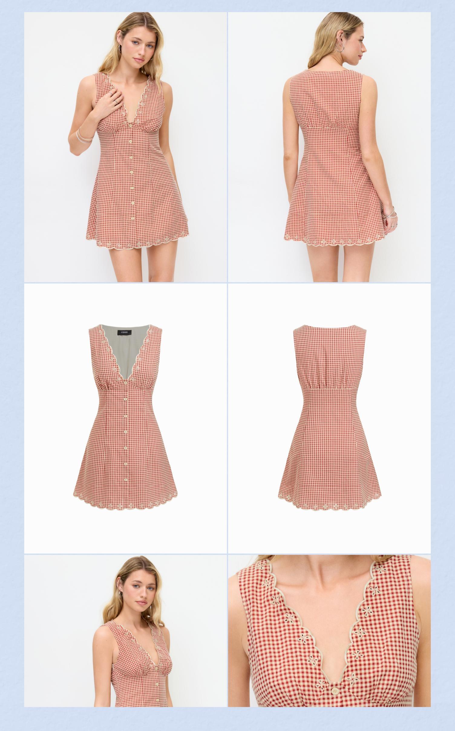 Cider Cotton-blend Gingham V-neck Scallop Hem A-line Mini Dress