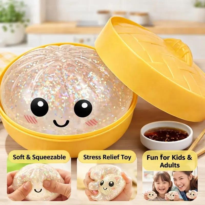 Bestseller Flashing Dumpling Stress Relief Toy, 3.15 Inch Soft Dumpling Shape, Spring, Includes Steamer, Adult Fun, Fashionable