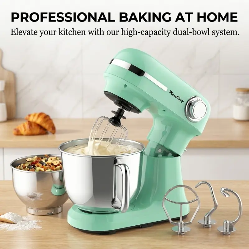PlumChef Stand Mixer 5.5L+4L Dual Bowls, 10-Speed Electric Kitchen Mixer with Dough Hook Whisk Beater, Tilt-Head Baking Mixer, Mint Green Gift