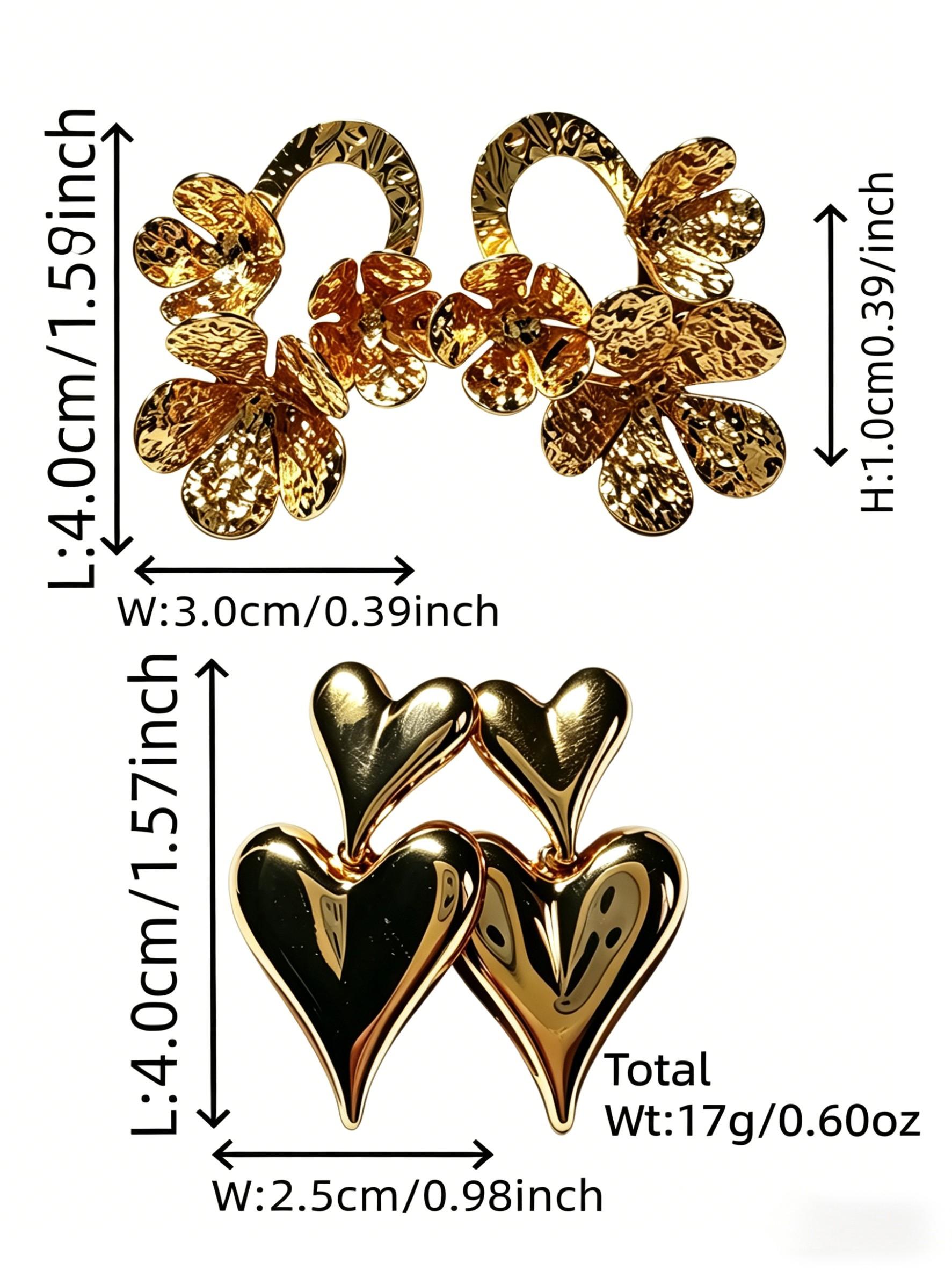 2 Pairs Luxury Gold Earrings Set • Sweet Cool Vintage Floral & Smooth Double Heart • Spring & Party Premium Jewelry • Versatile Lightweight Trendy Earrings • Gift for Girlfriend Bestie & Mother's Day