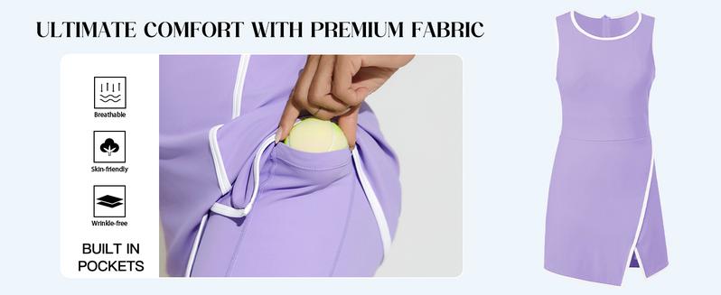 FISOEW Women's Pink Workout Tennis Dress with Built-in Bra & Shorts Pockets Sleeveless Crewneck Golf Athletic Mini Dresses Activewear Machine Washable Soft Breathable Fabric