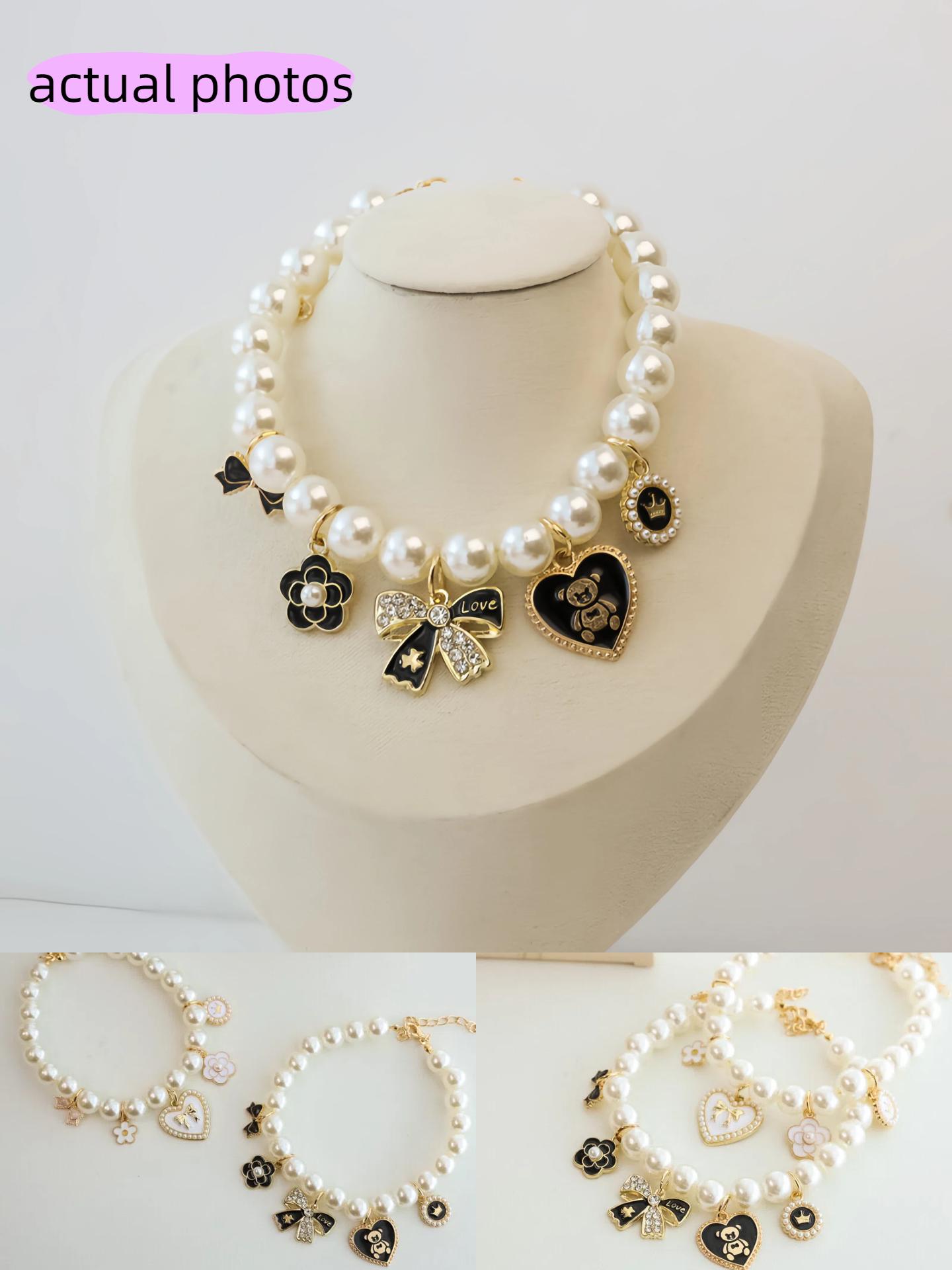 Pet Pearl Necklace Collar |   Vintage Luxury Bow & Camellia Pet Jewelry Pet Collar |   Pearl Necklace Collar for Cats & Dogs |   Vintage Luxury Bow |   Heart Charm |   Noiseless Design |   Camellia Decor  Wedding Birthday Party Photo Props |   Fashion Pet