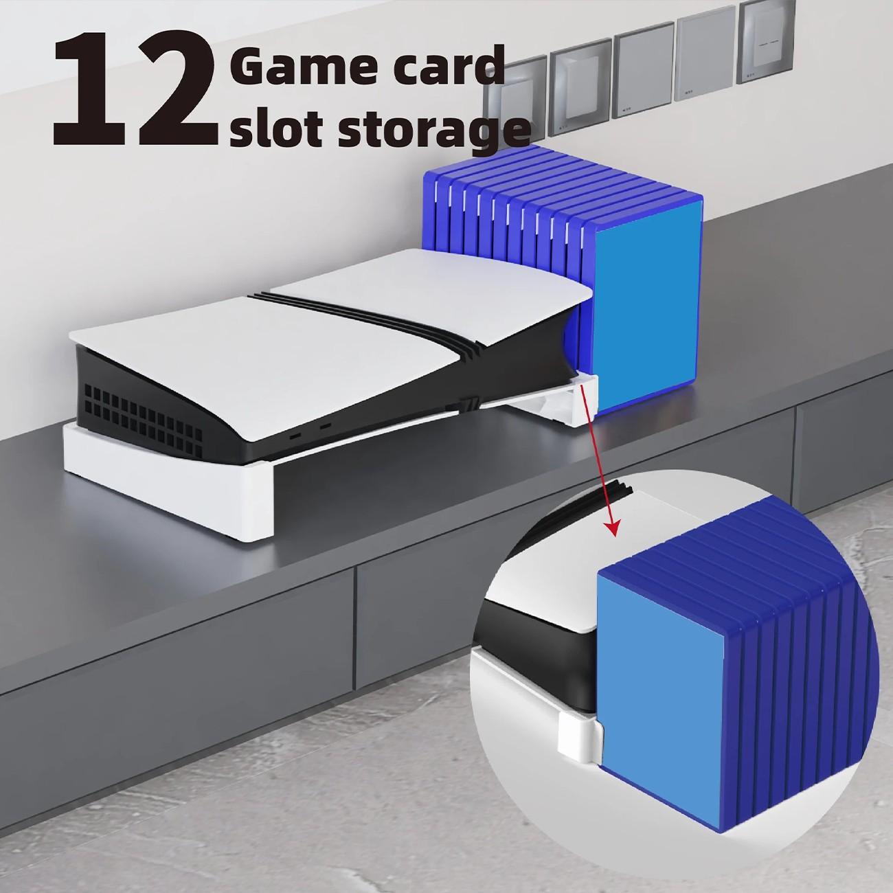 PS5 Horizontal Stand with 12 Disc Storage Slots, ABS Anti Slip Console Base, Space Saving Organizer Compatible with PlayStation 5 Slim and Pro Disc and Digital Editions, Stable Cooling Stand for Gaming Setup and Home Entertainment, Game Night Gadget
