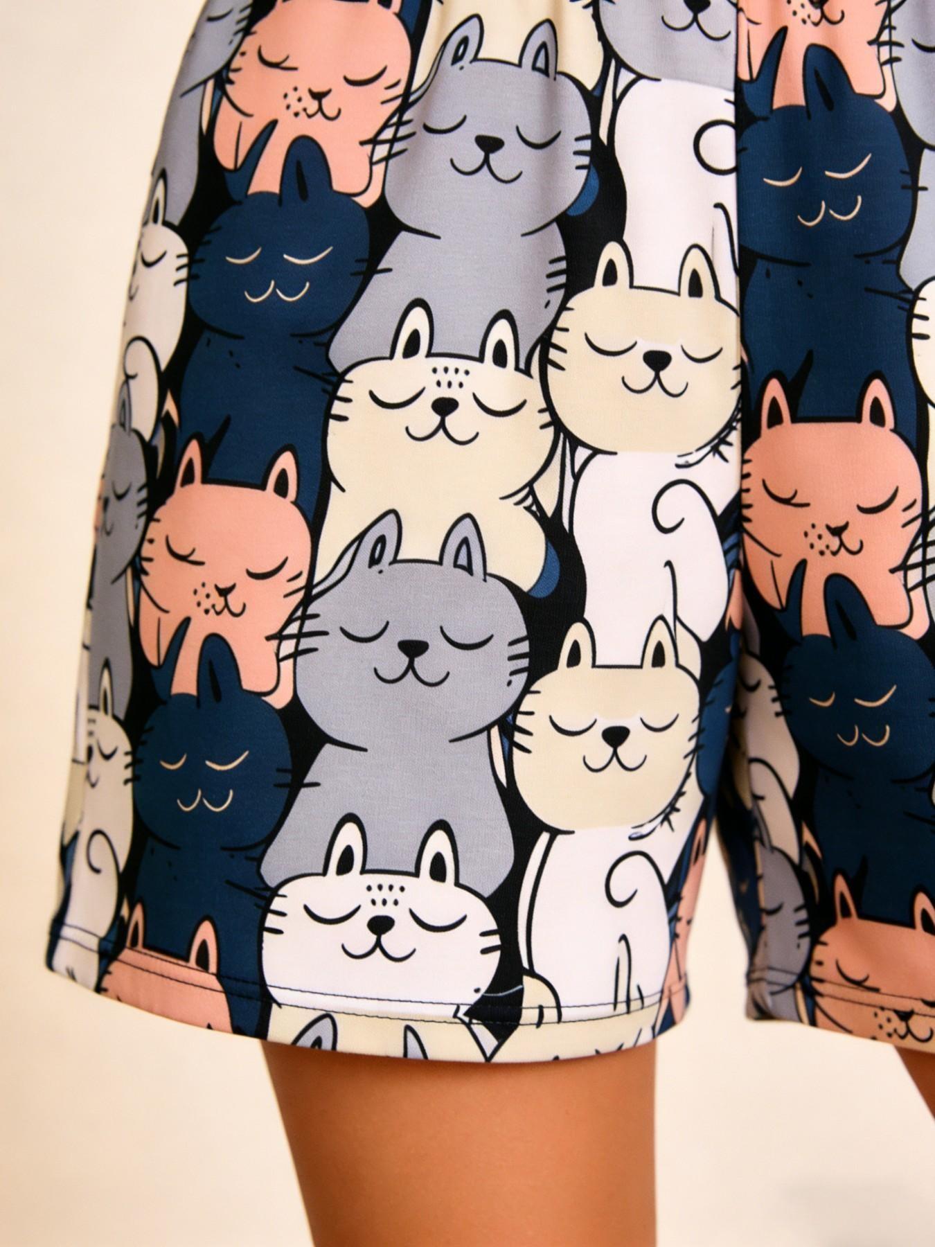 Women's Cute Cat Print Lounge Shorts, Casual Elastic Waist Pajama Bottoms, Soft Cartoon Graphic Sleep Shorts for Home Wear, Daily Relax & Loungewear