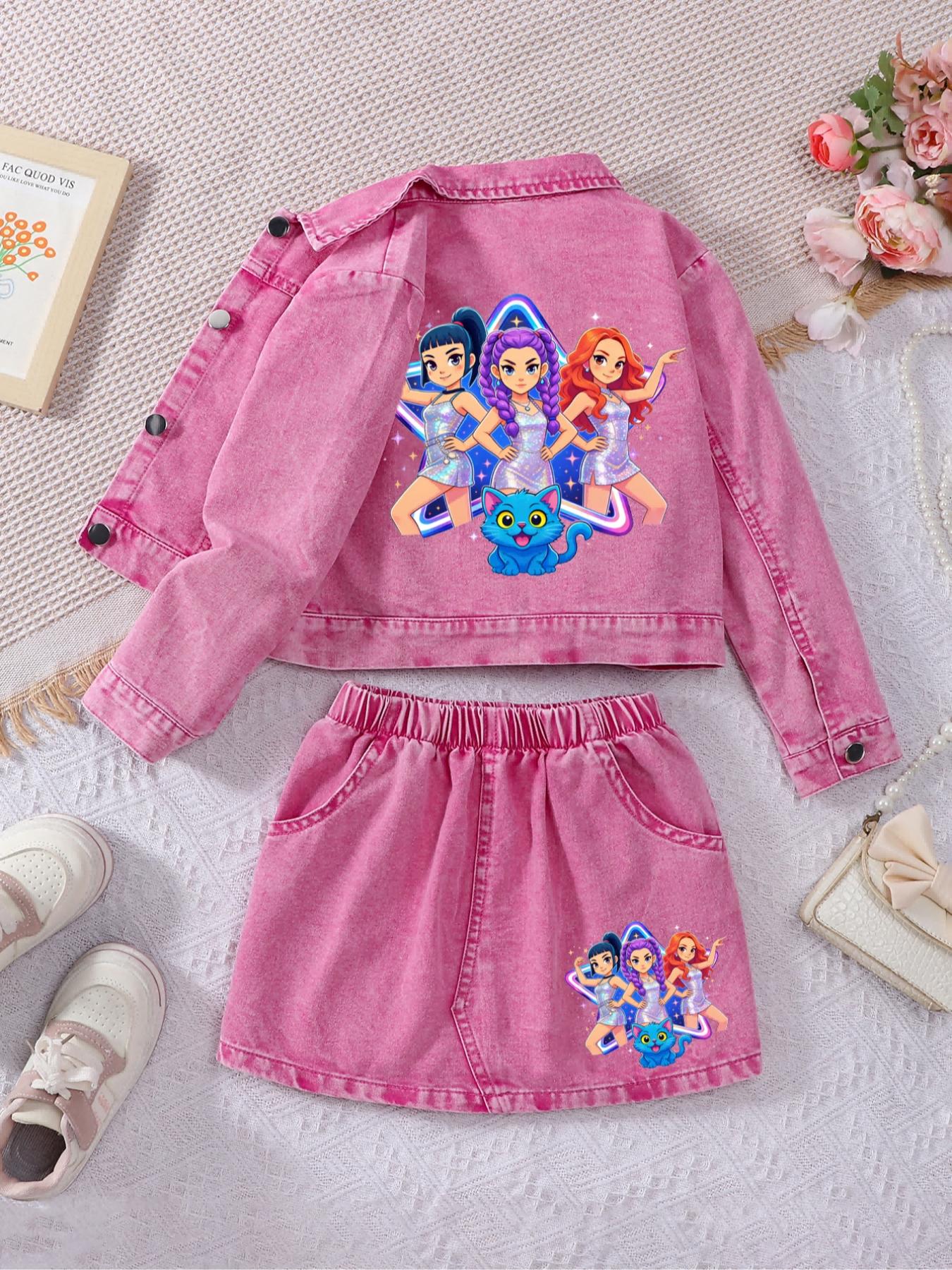 Back-To-School Sweet Cool Girl, K-Pop Girl Group Jeans Set, Y2K Retro Cartoon Print, Cute and Comfortable, Tiktok Trendy Ootd