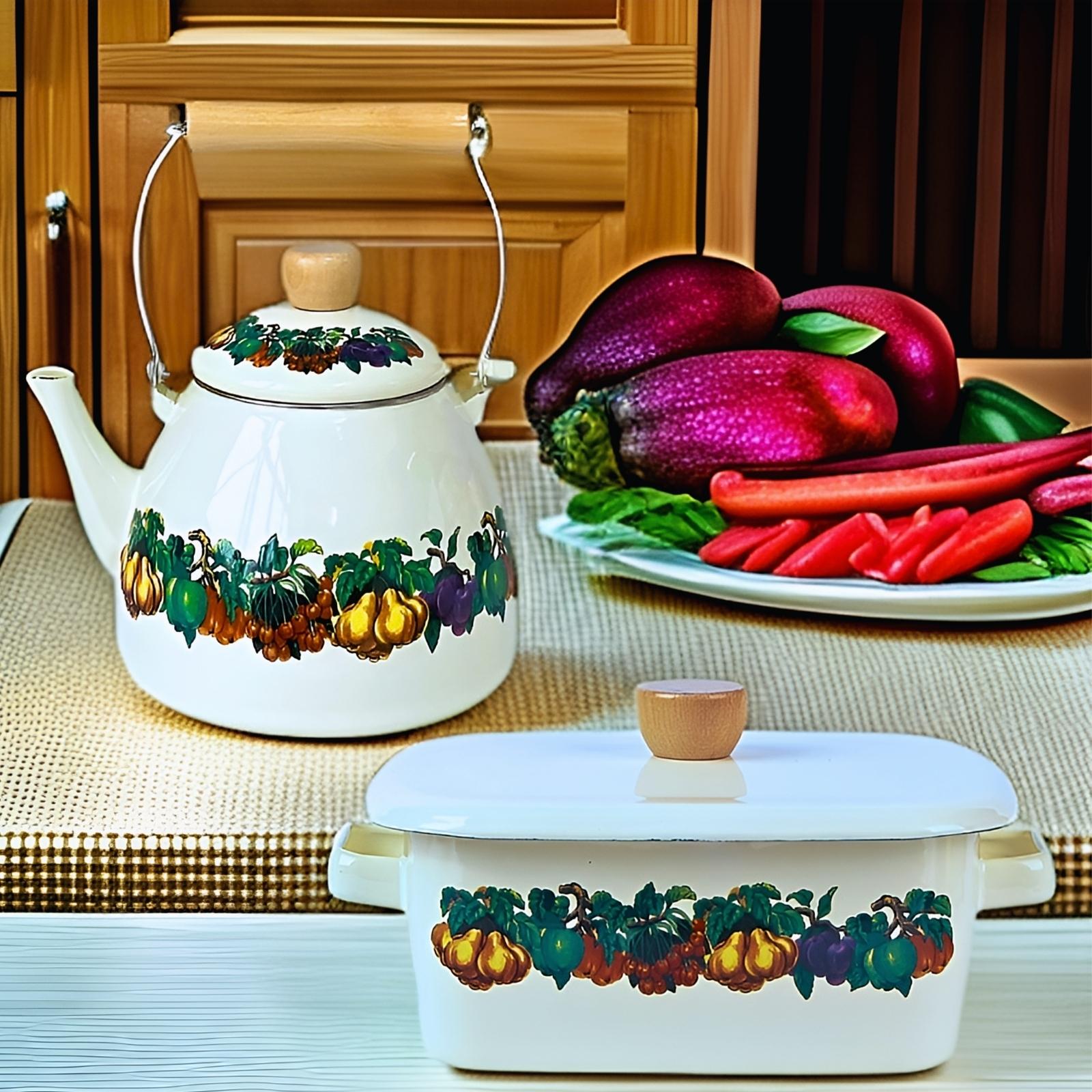 Fruit Pattern Enamel Kettle Set, 2 Counts/set Open Fire Heating Kettle & Dust Temperature Fresh Box, Drinkware for Home Kitchen