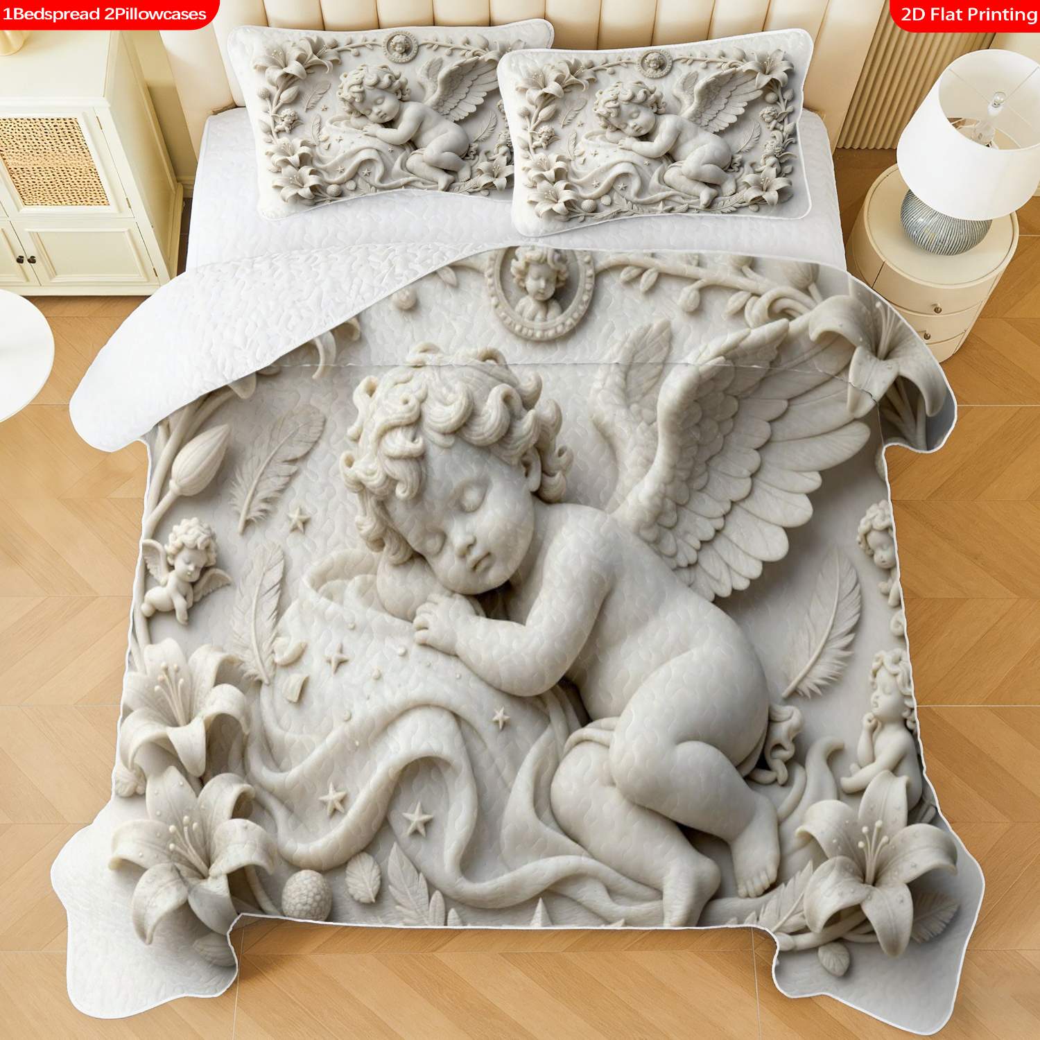 3 pcs, 2D flat print Angelic Relief Art bed cover set, Cherub & Floral Theme, multiple sizes available, bedding set, festive decorative bedding, ideal for bedroom decor(1 bedspread , 2 pillowcases)
