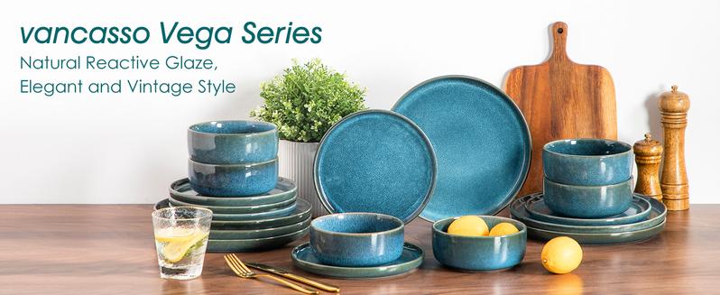 vancasso VEGA Plates and Bowls Sets, 12/16/18 Pieces Stoneware Dinnerware Sets Dishes Set Modern kitchen Dishware Sets Service for 4/6 People, Dishwasher and Microwave Safe, Blue Tableware
