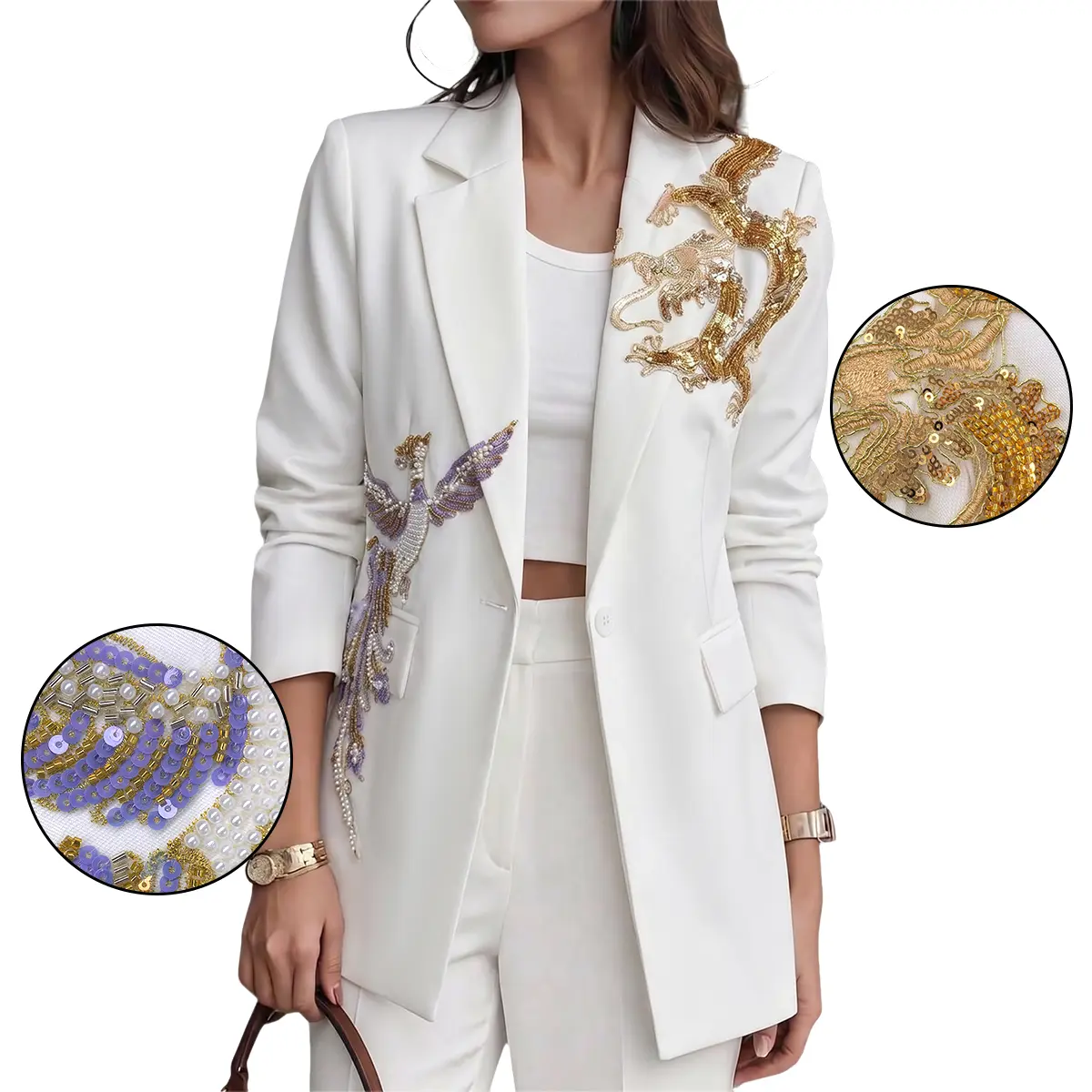 Women White Lapel Blazer Dragon And Phoenix Sequin Beaded Embroidery Decor Long Sleeve One Button Luxury Formal Party Business Suit Jacket
