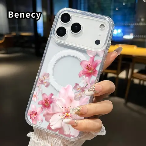 Magnetic Soft Acrylic Casing for iPhone 17/18/16 Pro Max Plus/15/14/13/12/11/Air E, Blush Floral Cascade Pattern, Anti-Yellowing, Shockproof, Ultra-Thin Silicone Crystal Transparent Large Hole Handheld Wireless Cellphone Protection Cover