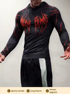 Men's Sporty Hooded Tight-Fit Top, Long Sleeve Printed Athletic Wear, European and American Style Fitness Apparel, Men's Exercise Clothing