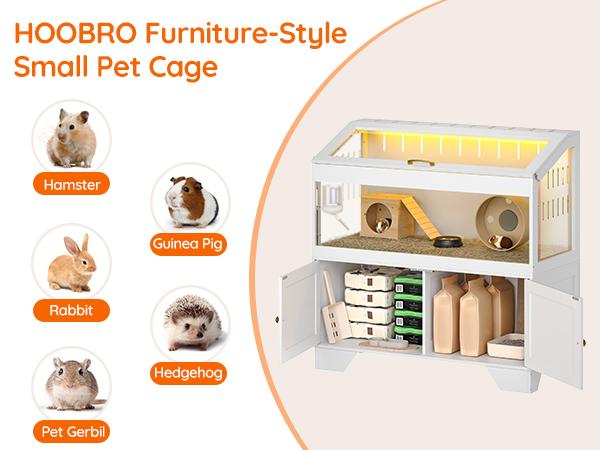 HOOBRO Large Hamster Cage, Small Animal Cage with Storage Cabinet and Led Light Strip, Acrylic Guinea Pig Cage with Flip-Top Lid, Easy to Clean, 39.4" x 18.9" x 42.5", White #SummerVibes
