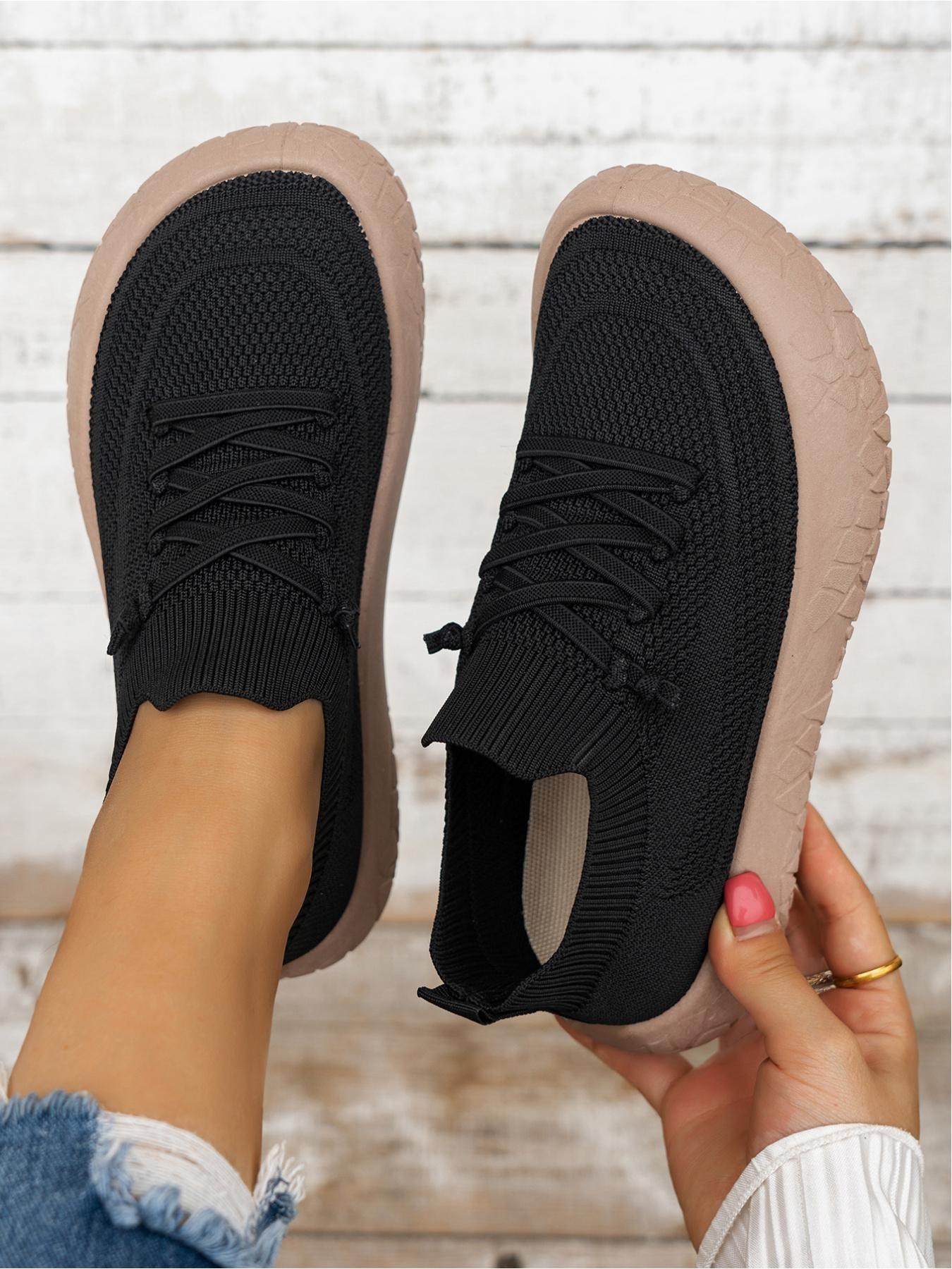 Elastic Flyknit Sock Laces Casual Shoes for Women, Colorblock Thick Sole Breathable Mesh Lazy Sports Shoes, Lightweight Soft Bottom Summer Commute Walking Student Versatile Slip-On Anti-Slip Leisure Shoes, Thick Soled Shoes