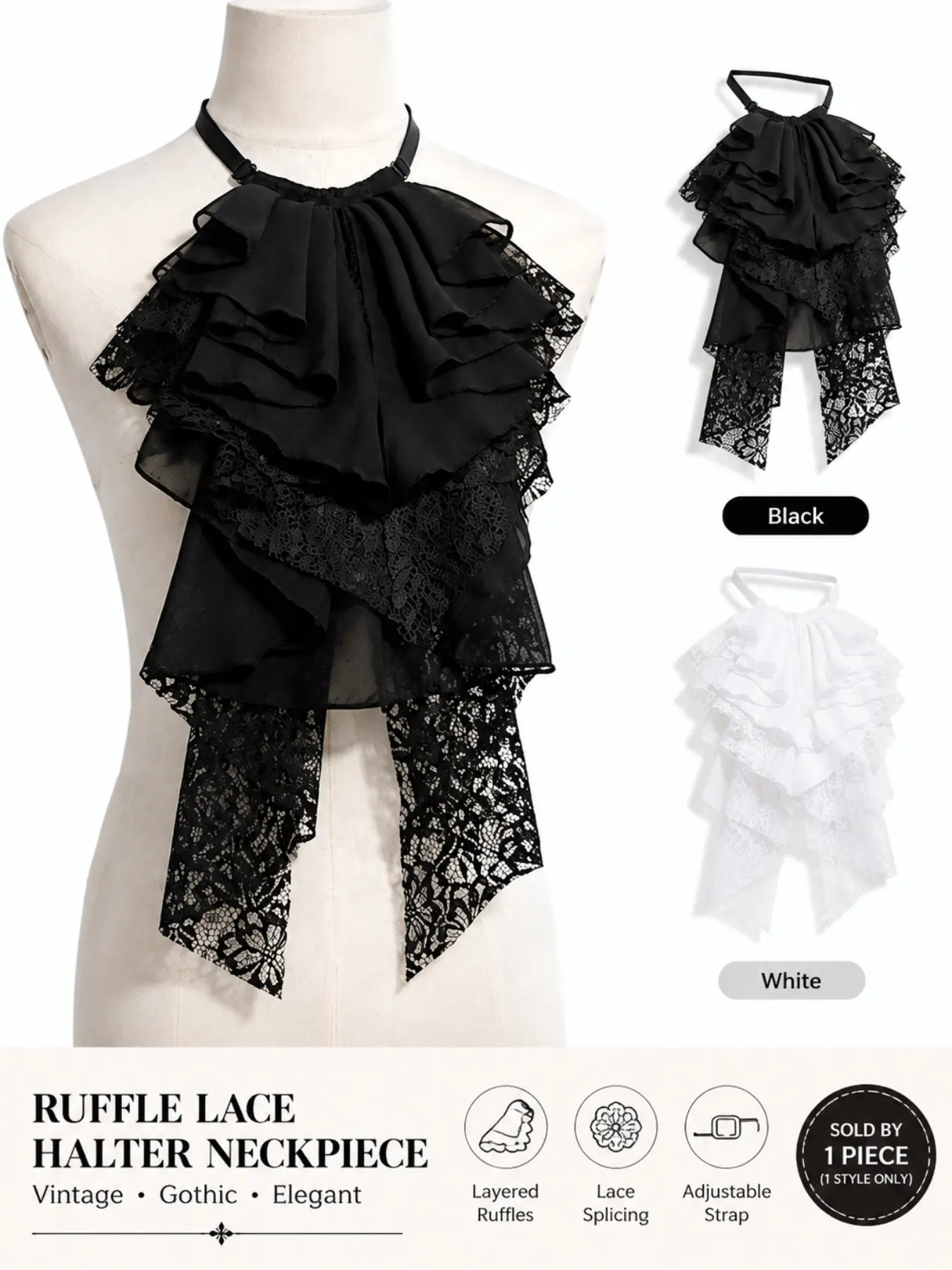 Layered Lace Ruffle Collar, Gothic Vintage Chiffon Neckpiece with Adjustable Strap, Lolita Shirt Accessory for Women