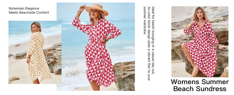 Wenrine Womens Boho Midi Dress Long Sleeve Casual Color Block Beach Button Down Shirt Dress