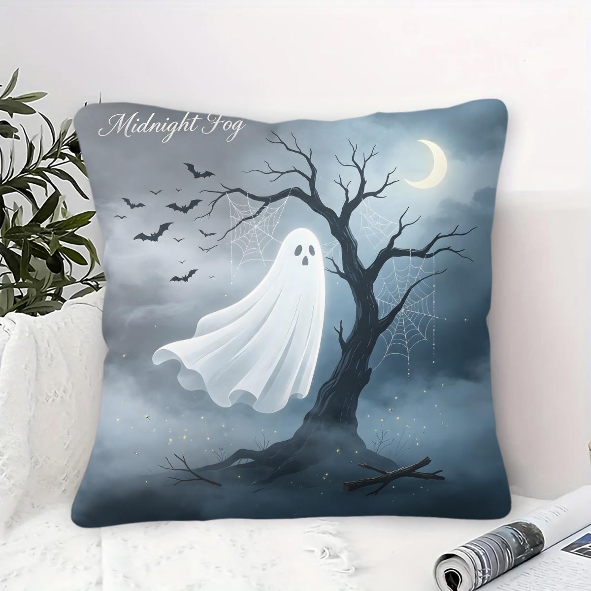 Spooky Halloween Ghost Throw Pillow, featuring bat, bare tree and crescent moon night print, soft durable decorative pillow perfect for sofa, couch, bedroom, living room halloween party decor, comes with pillow insert