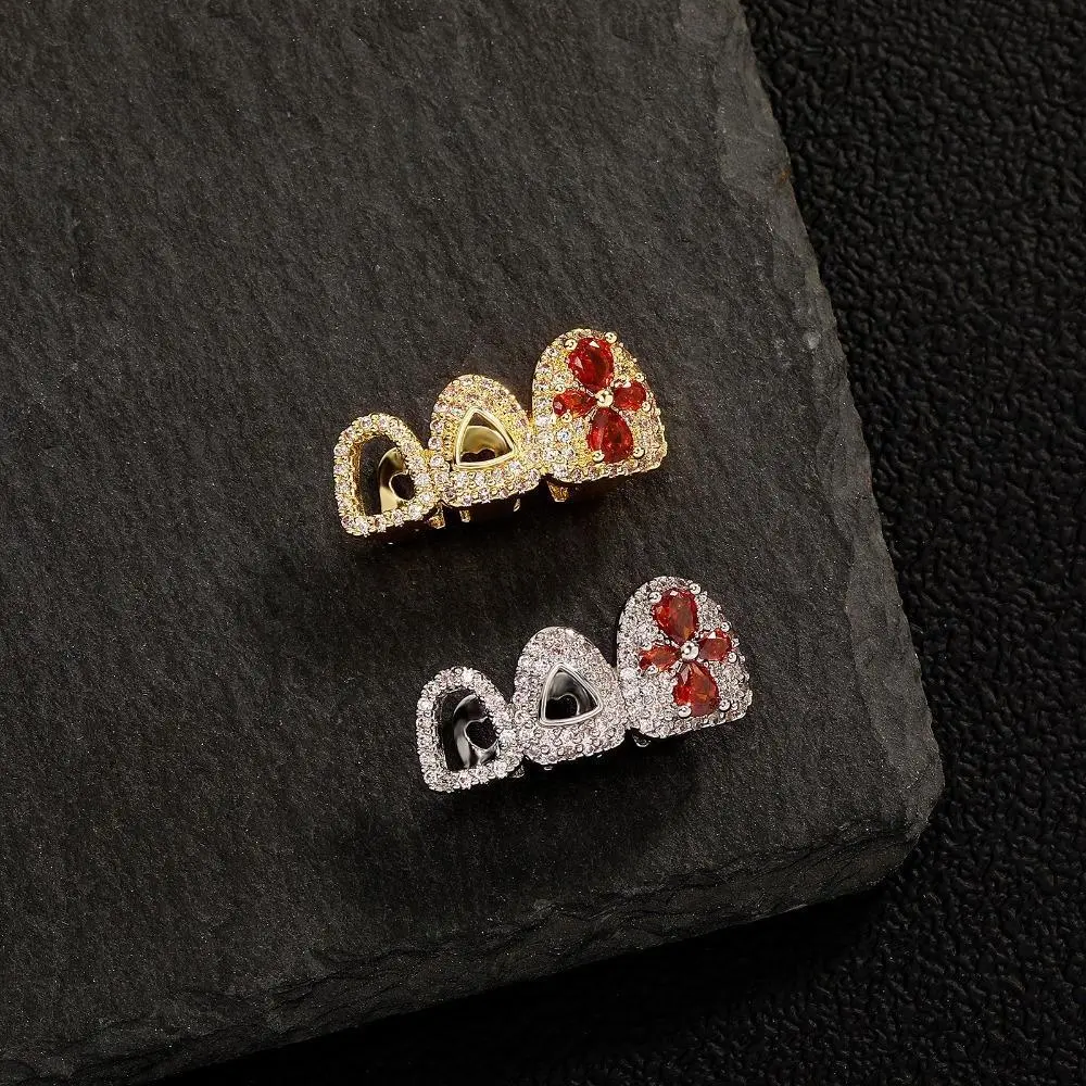 Four-Leaf Clover Double Heart Grillz Teeth Caps, Hollow Gold Plated Big Shiny Cubic Zirconia Teeth Jewelry, Super Sparkly Christmas Hip Hop Teeth Accessories for Party