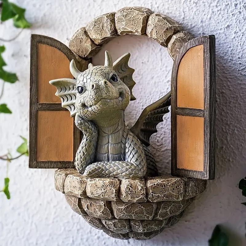 Creative Cartoon Dragon Design Garden Decor, Resin Dragon Statue, Outdoor Wall Decor for Garden Patio Yard, Unique Garden Ornament