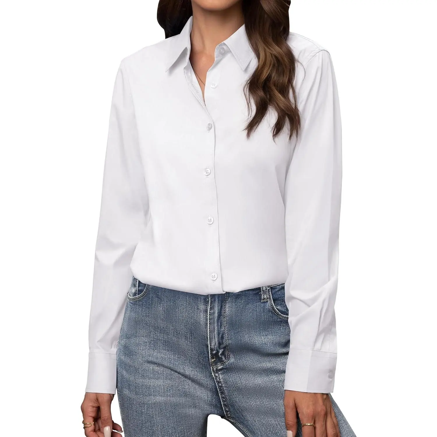 Button Down Shirts for Women Cotton Collared Long Sleeve Blouse Top |   Wrinkle-Resistant Easy Care Dress Shirt with Regular Fit, Breathable Comfort for Office, Business Casual, Travel & Work