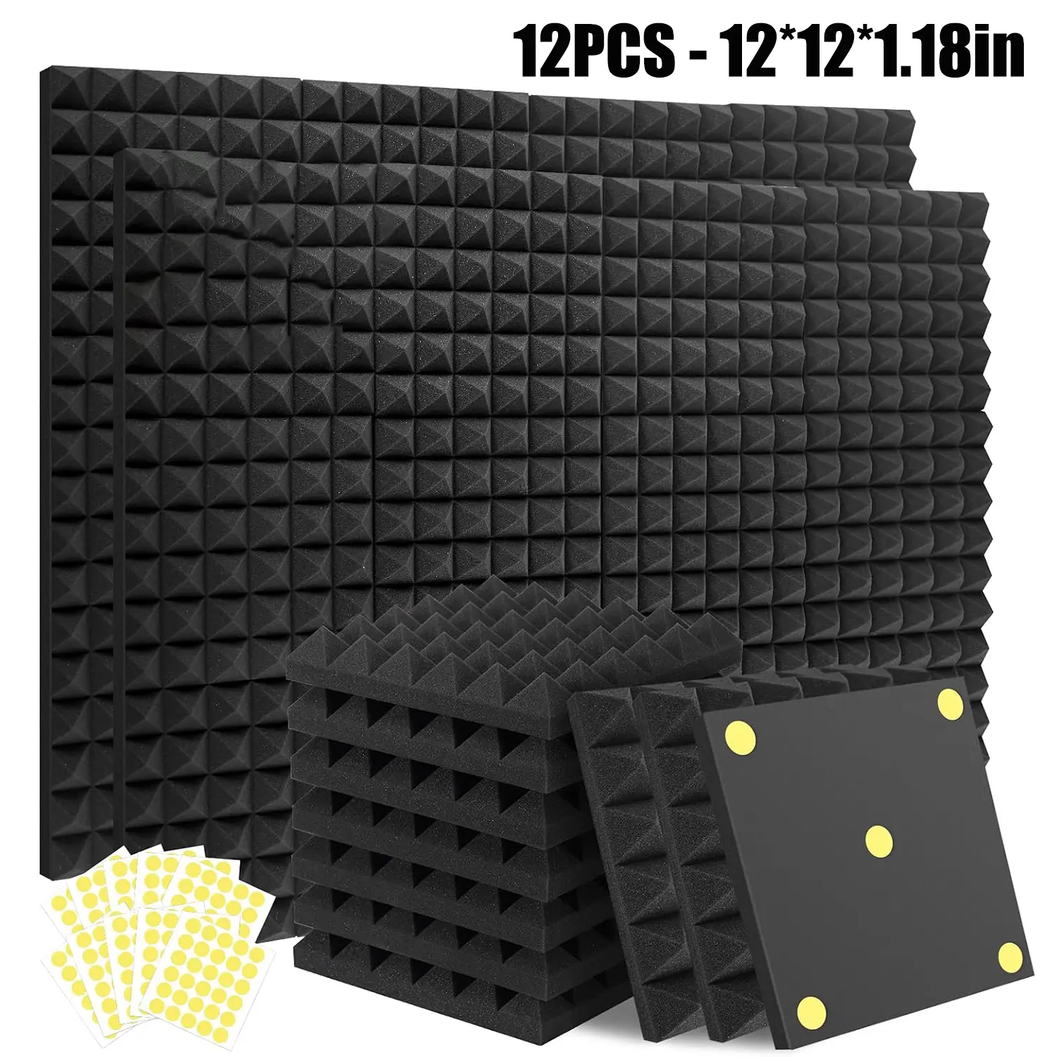 12 Pack Soundproof Foam Panels, 12" X 12" X 1.18" Pyramid Acoustic Foam Panels, High Density Noise Reduction Soundproof Panels for Recording Studios, Vocal Rooms, Control Rooms, Radio Stations, Studios and Bedrooms