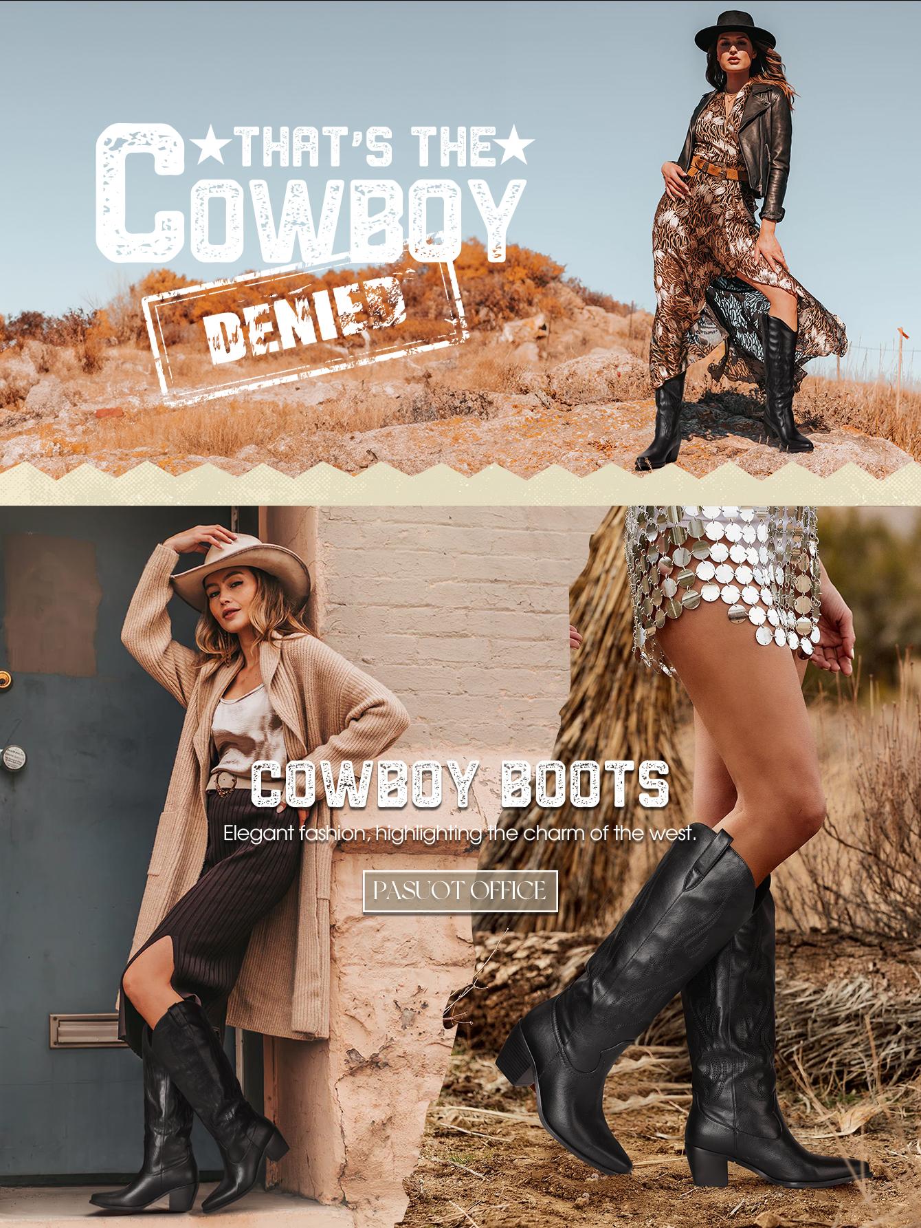 Cowboy Boots for Women - Wide Calf Cowgirl Knee High Boots with Side Zip and Embroidery, Pointed Toe Western Outfit Boots Chunky Heel Retro Tall, Pull On for Girls Ladies Botas