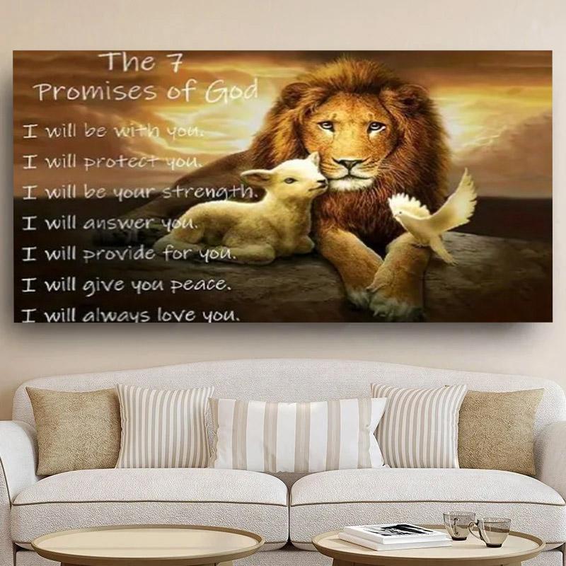 【2D flat】Lion, lamb, white bird, the seven great promises of God. A frameless minimalist canvas wall art, stylish themed decoration, suitable for sofa, dining room, living room, hallway, art mural decoration.