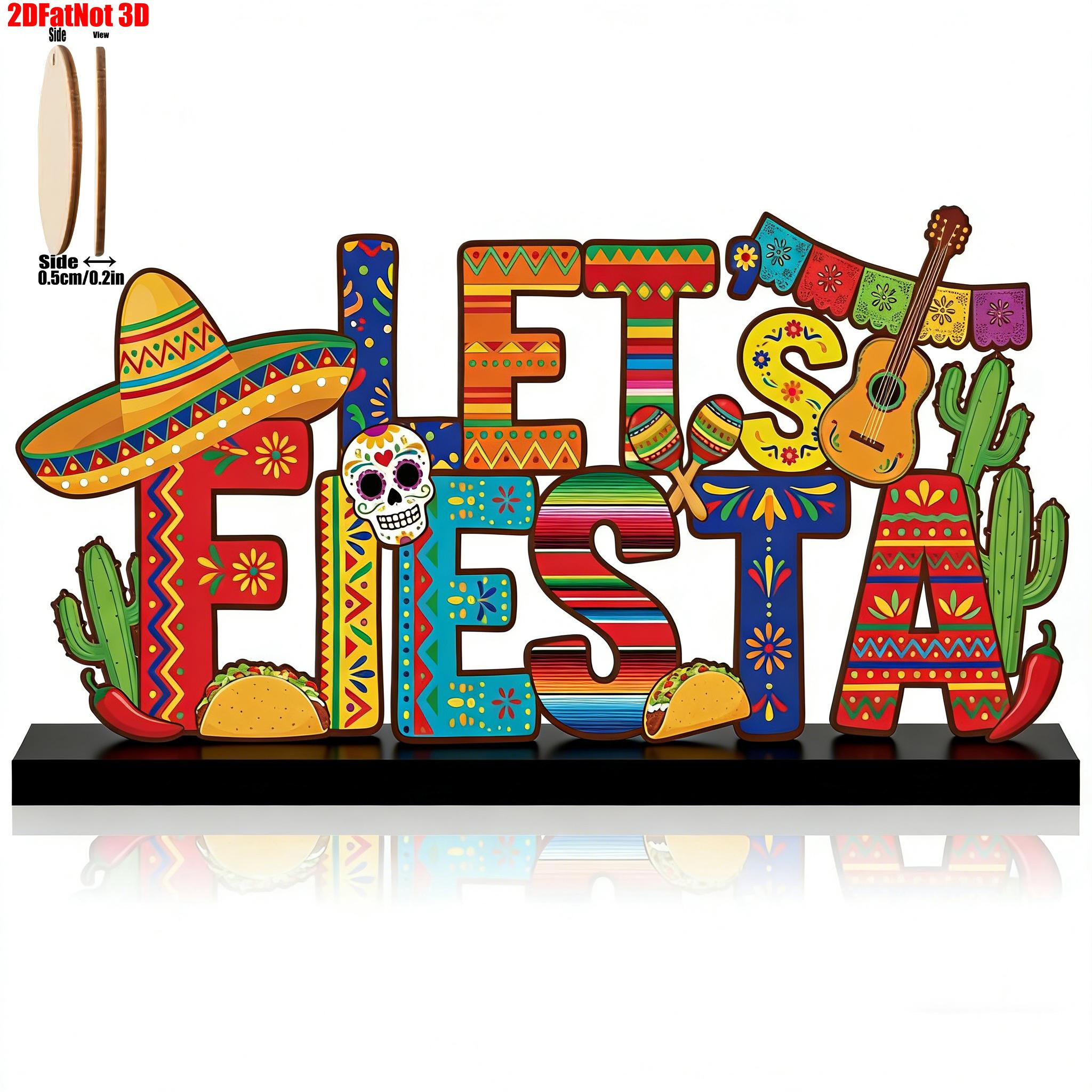 2D Wooden Mexican Cinco De Mayo Table Centerpiece, Festive Layered Tray Decor, Wood Base for Shelves, Fireplace, Home Office, Party Gift