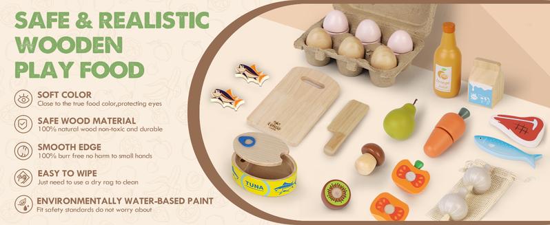 Play Food Sets for Kitchen, Wooden Toys for Gifts, Pretend Play, Wooden breakfast toys，Cutting food toys，Toy food educational gifts，Accessories with breakfast