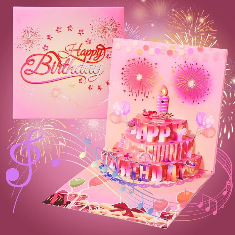 Cake Fireworks LED Candle Lights, 3D Birthday Card with Music and Colorful Lights, Musical Happy Pop-Up Birthday Card, Musical Birthday Gift Card for Kids, Wife, Husband, Grandpa, Grandma, Daughter, Son - Pink, Birthday Gift