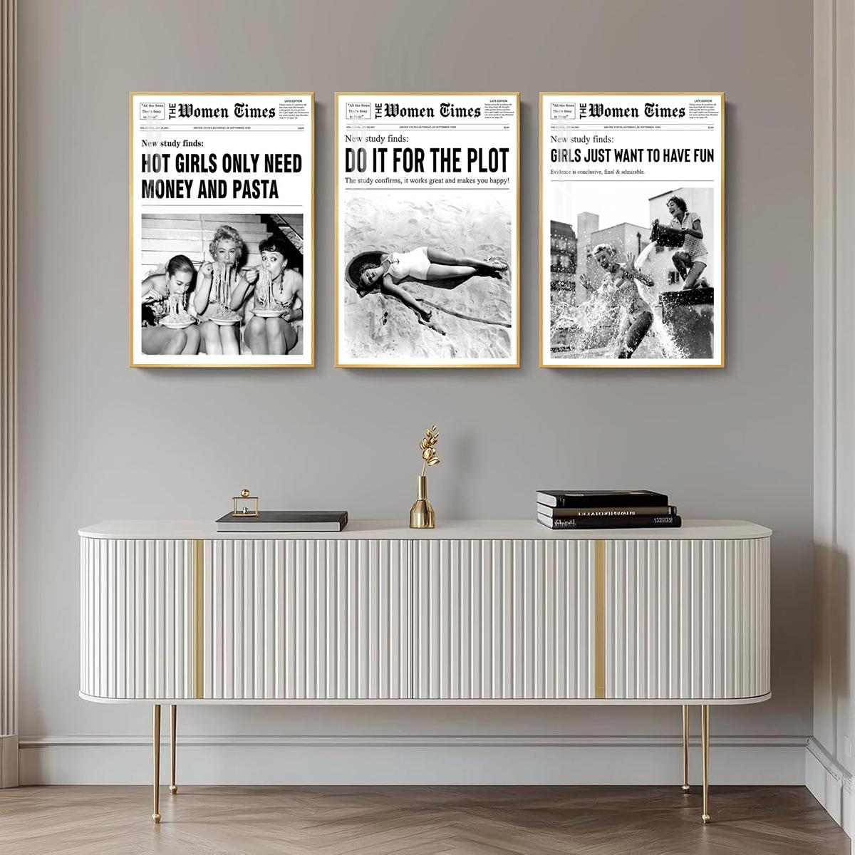 3 Counts Aluminum Alloy Framed Painting, Vintage Women Newspaper Poster Set, Home Decoration For Living Room, Bedroom, Office, Restaurant, Hallway Wall Decor, Odorless Print Artwork, Luxury Perfect Gift For Friends And Family