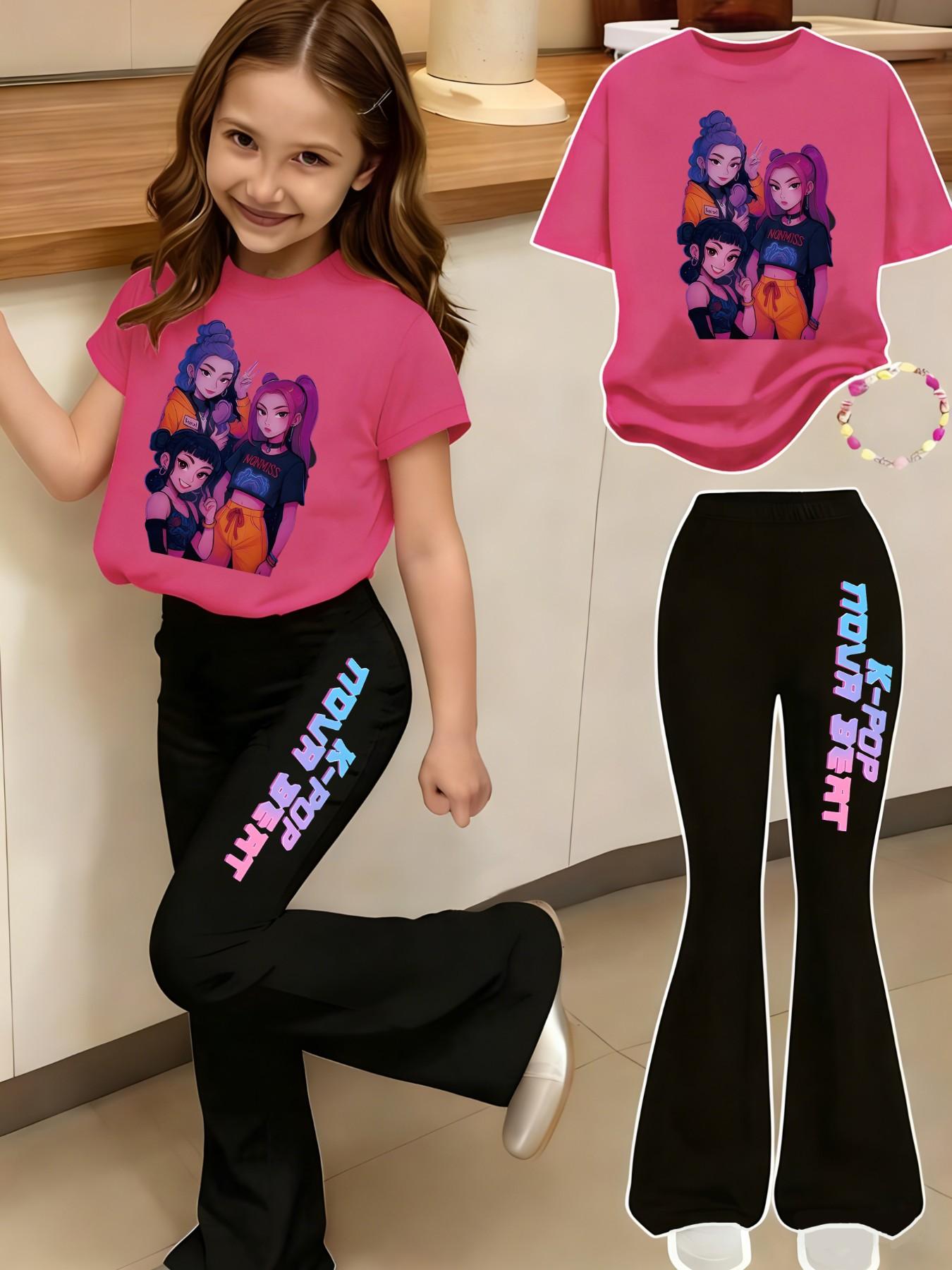 Girls' Kpop Print 2-Piece Set, Casual Sporty Short Sleeve Top & Bell Bottom Pants, Comfortable Elastic Waist, Spring Summer