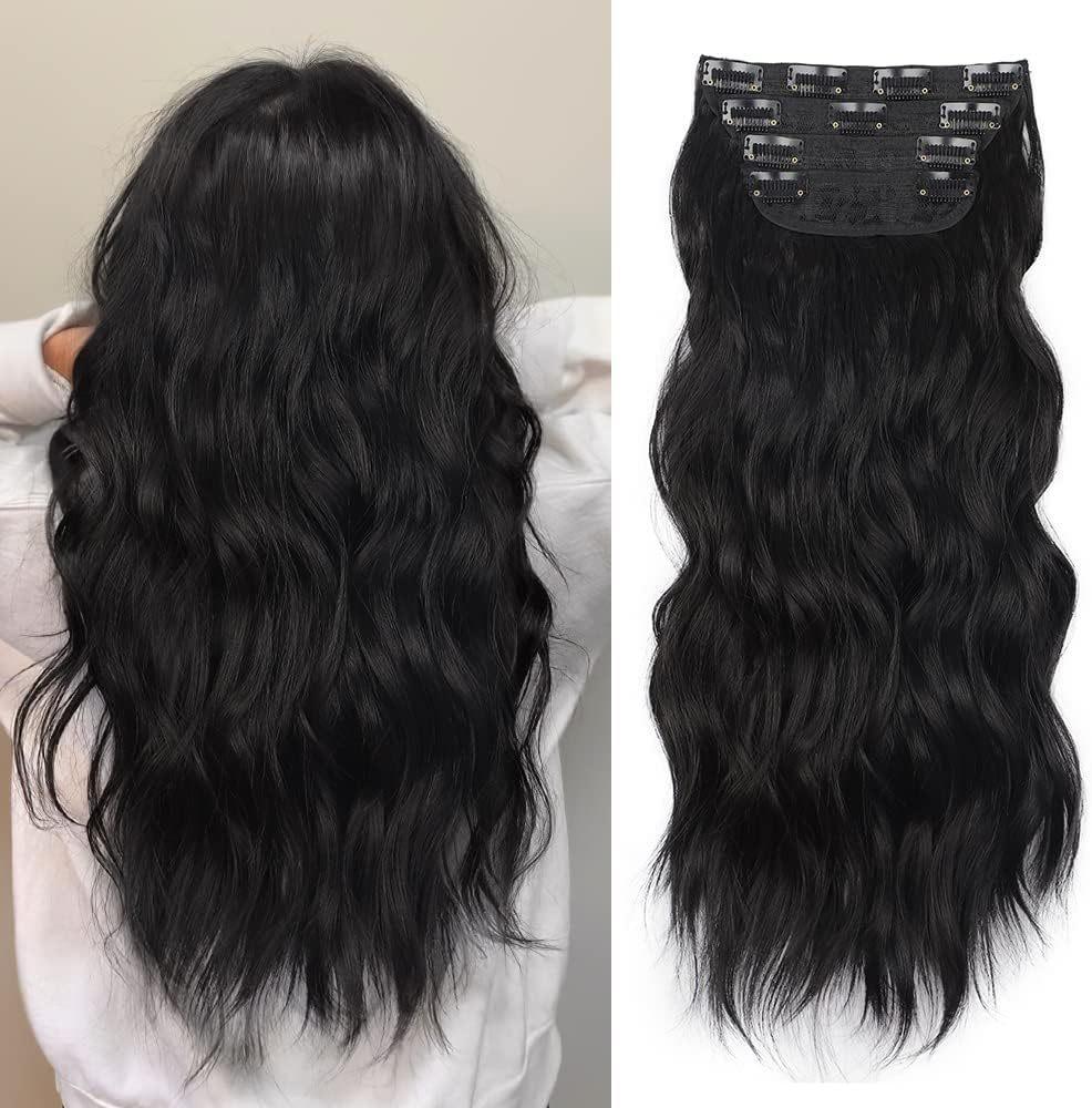 Invisible Clip-In Synthetic Hair Extensions, Thick Natural Long Wavy Hairpieces for Women, Easy to Use, Stylish Look
