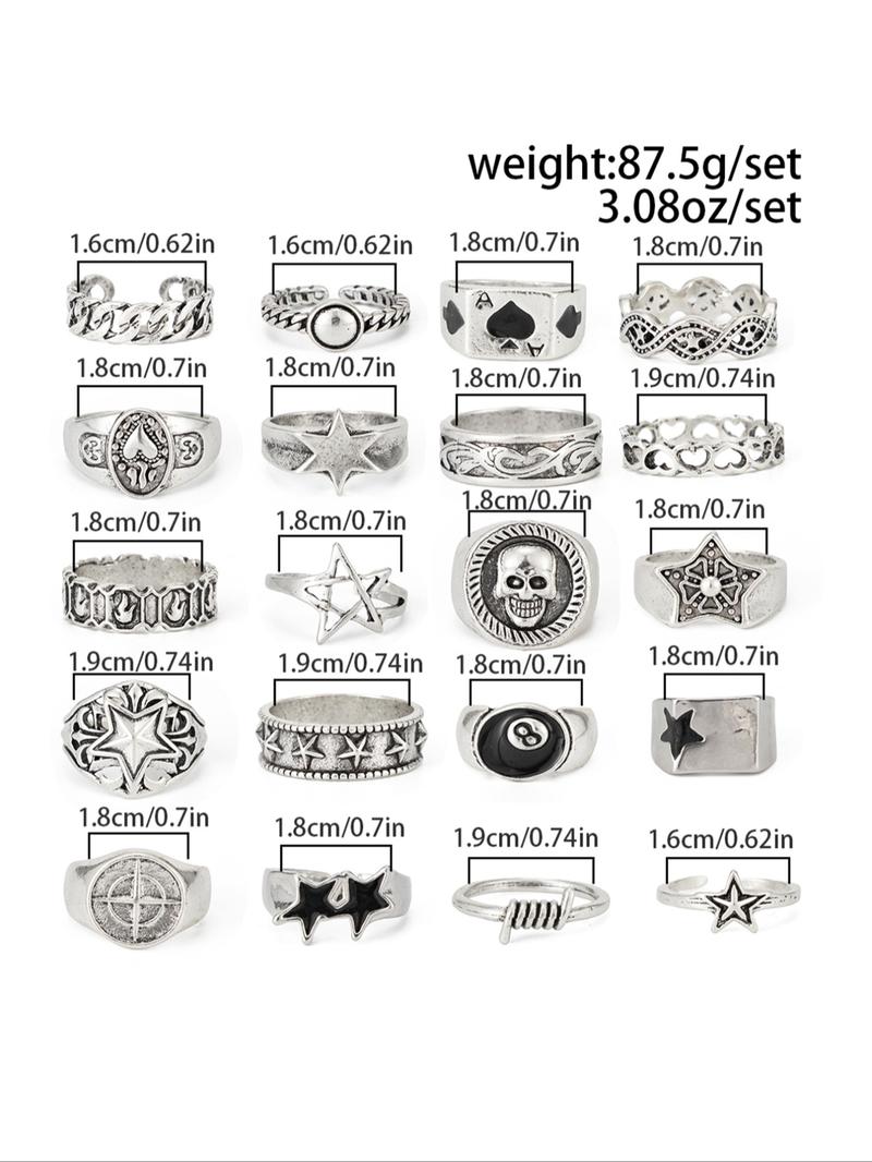 20 Piece Vintage Star Skull Stacking Ring Set, Dark Punk Joint, Holiday Gift, Street Style Charm Accessories, All Seasons