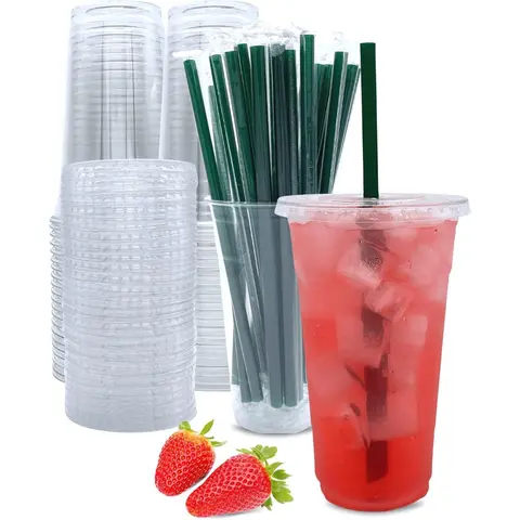 24oz Leakproof Plain Beverage Straw Cups with Lids & Straws, 25-Set Disposable Plastic Dinnerware for Festive Party Supplies, Business & Home Use (Leakproof Seal Included)