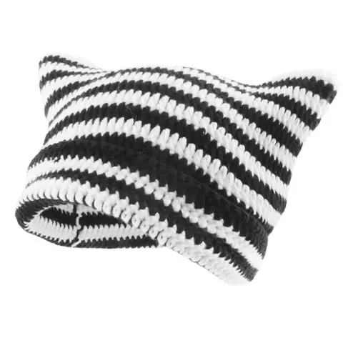 Striped Cat Ear Hat, Warm Beanie Hat for Women & Men, Pullover Hat for Outdoors, Fashion Accessories for Fall & Winter, Unisex Striped Hat