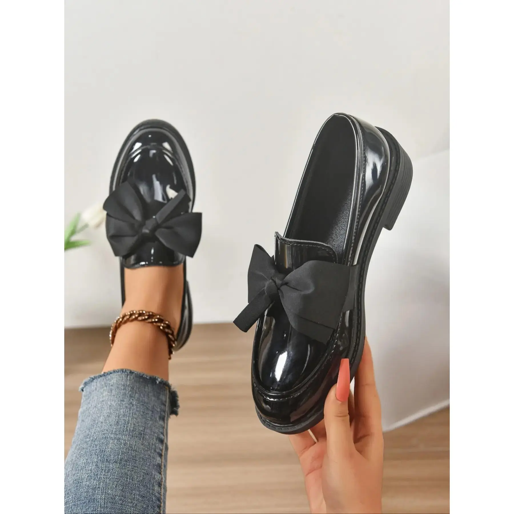 YYW1 Women's British Style Small Leather Shoes Flat Bottom, Pure Color Bowknot Shoes Chunky Heel Loafers, Casual Fashion Footwear, Affordable Loafers, Ribbon Knot Flats