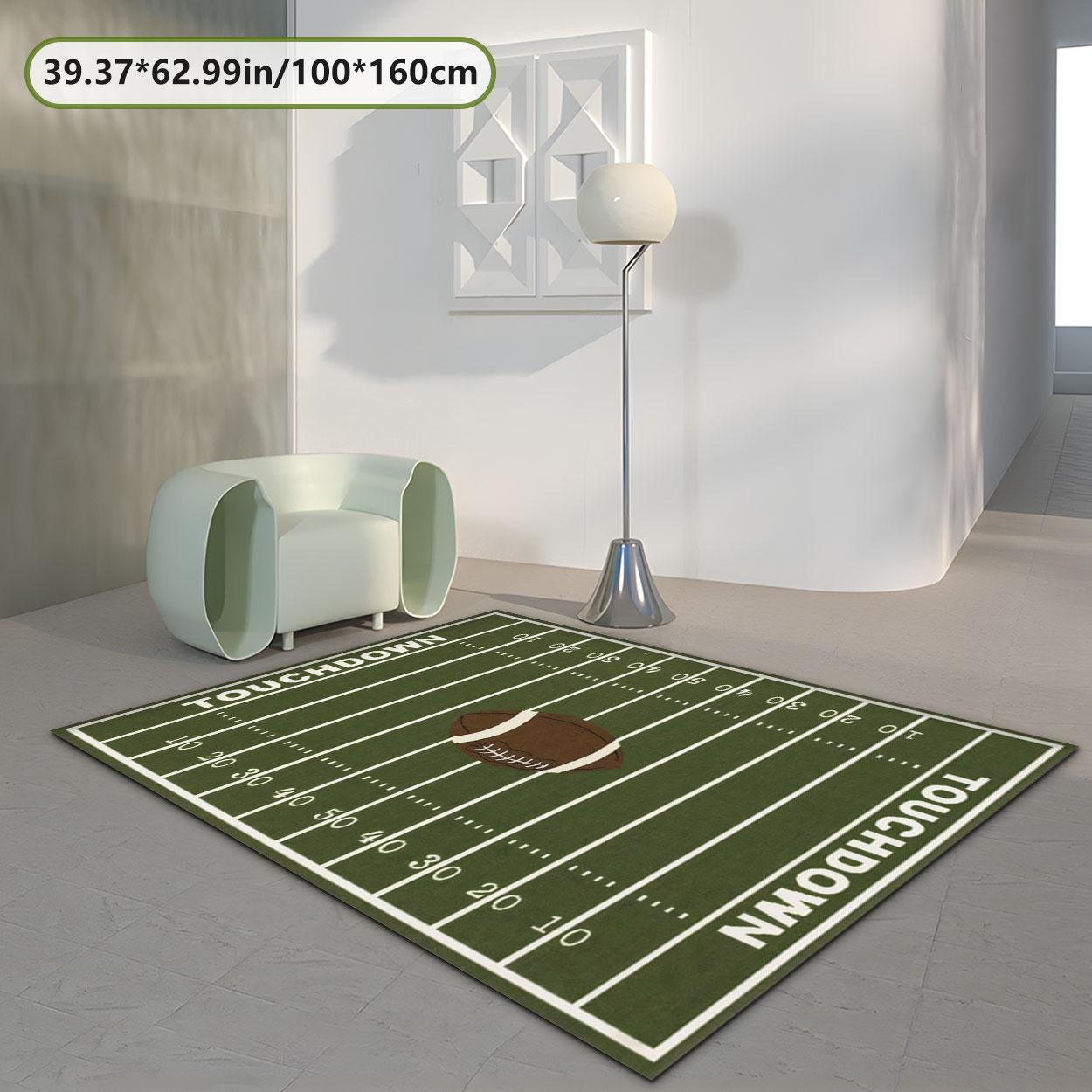 Green Football Field Pattern Carpet, Non-slip Sports Themed Floor Mat, Decorative Area Rug for Home Living Room Bedroom, Home Decor