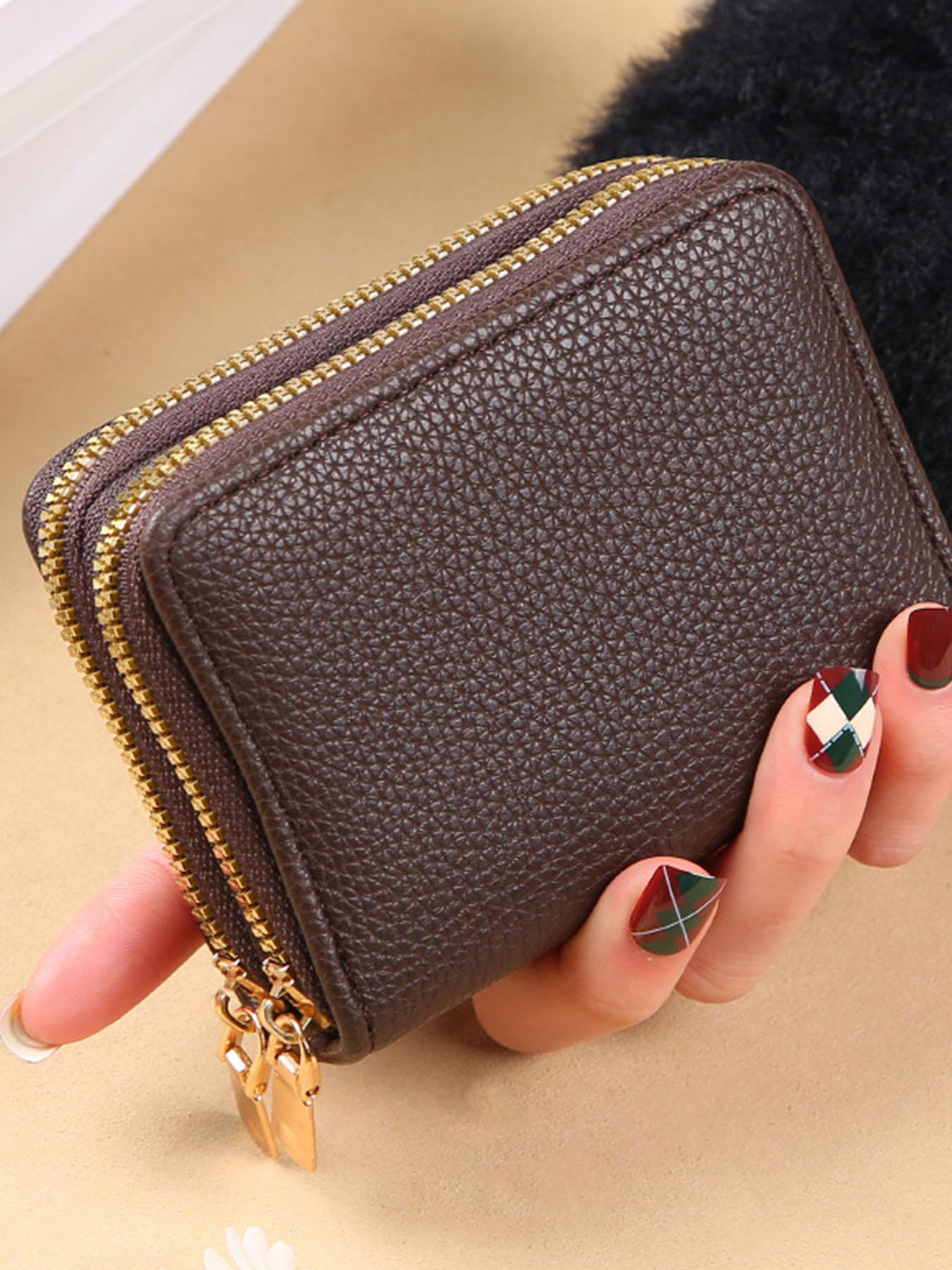 Women's Black Quilted Short Wallet, Slim Bi-Fold Card Holder, Zippered Coin Pocket, Simple Wallet