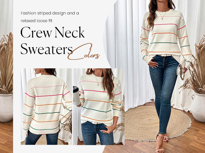 Shewin 2026 Cozy Oversized Striped Knit Sweater Women's Crew Neck Long Sleeve Pullover Comfy Layering for Daily & Office Casual Looks - Womenswear SpringStatements