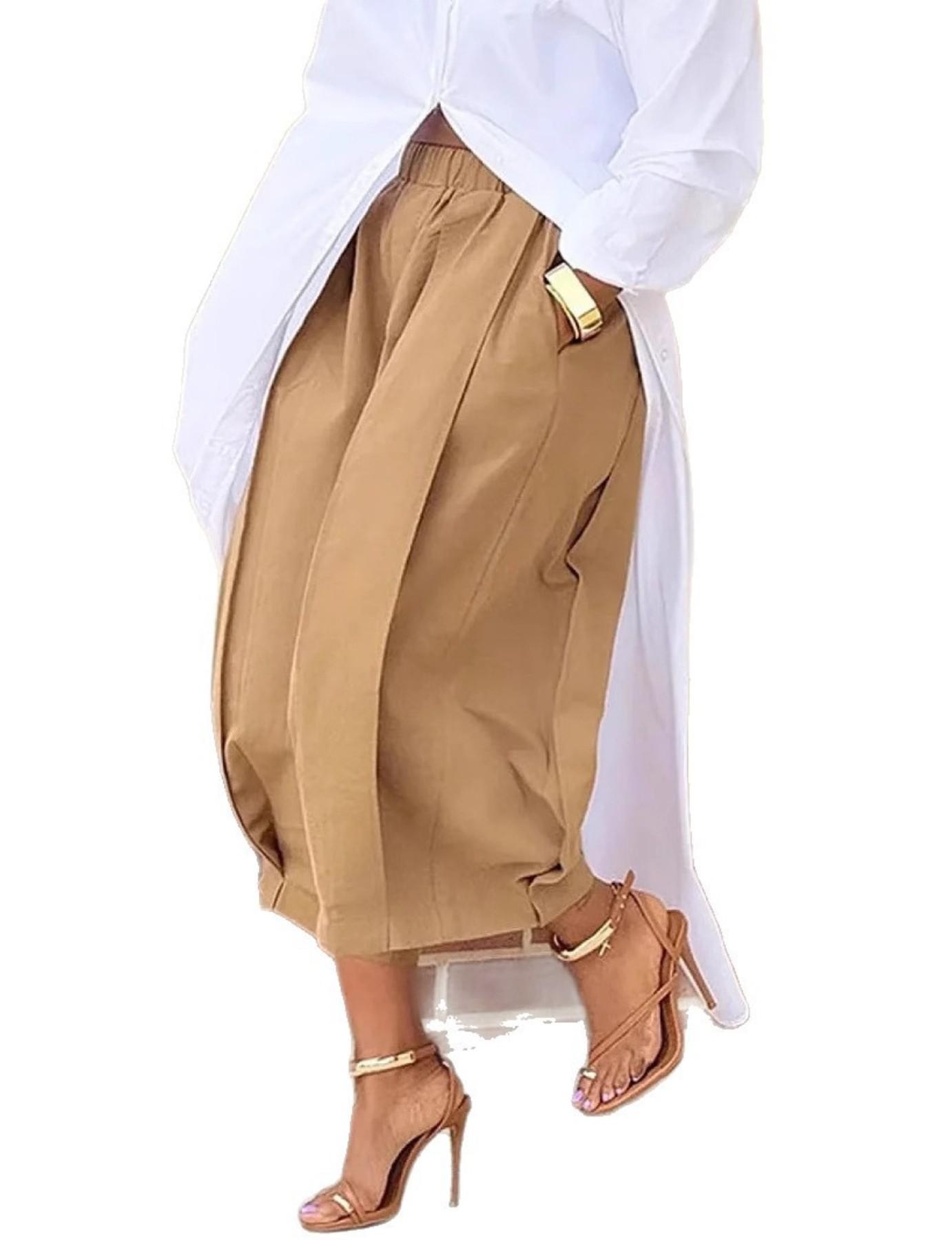 Women's Loose Solid Color Capri-Pants CroppedTrousers, 100% Cotton Summer ComfortableBreathable Fabric, Daily Versatile ElasticWaistband Lantern Pants with Pockets BottomsWomenswear Casual Bridal Basic Minimalist Casual Chic Bottoms