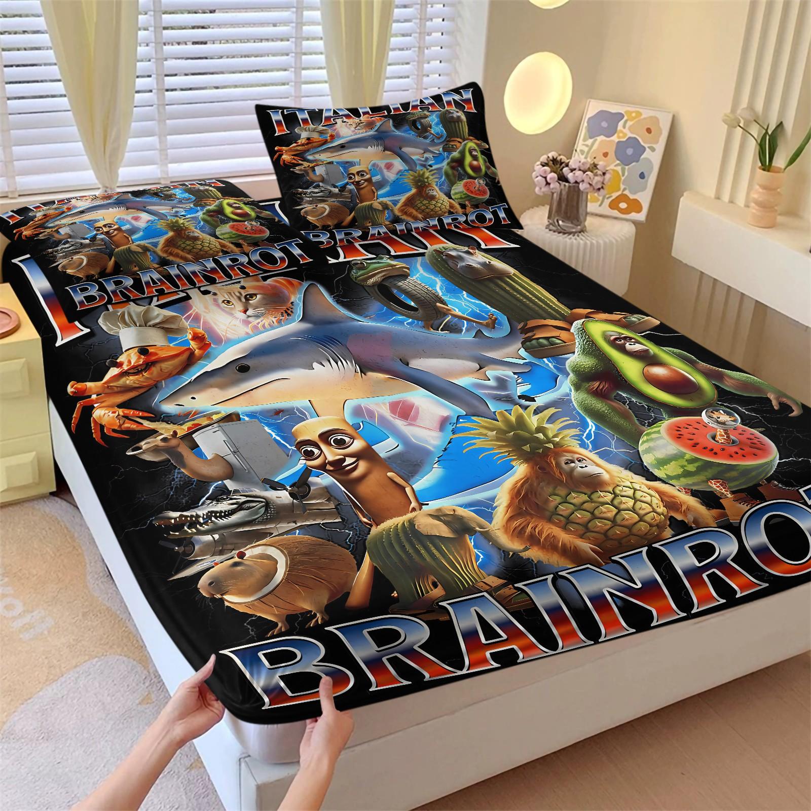3-Piece Set Of Brain Rot Patterned Bed Sheets, Including 1 Bed Sheet And 2 Pillowcases, Comfortable Bedding, Non Slip Suitable For Bedrooms, Suitable For Gifts For Teenagers And Adults