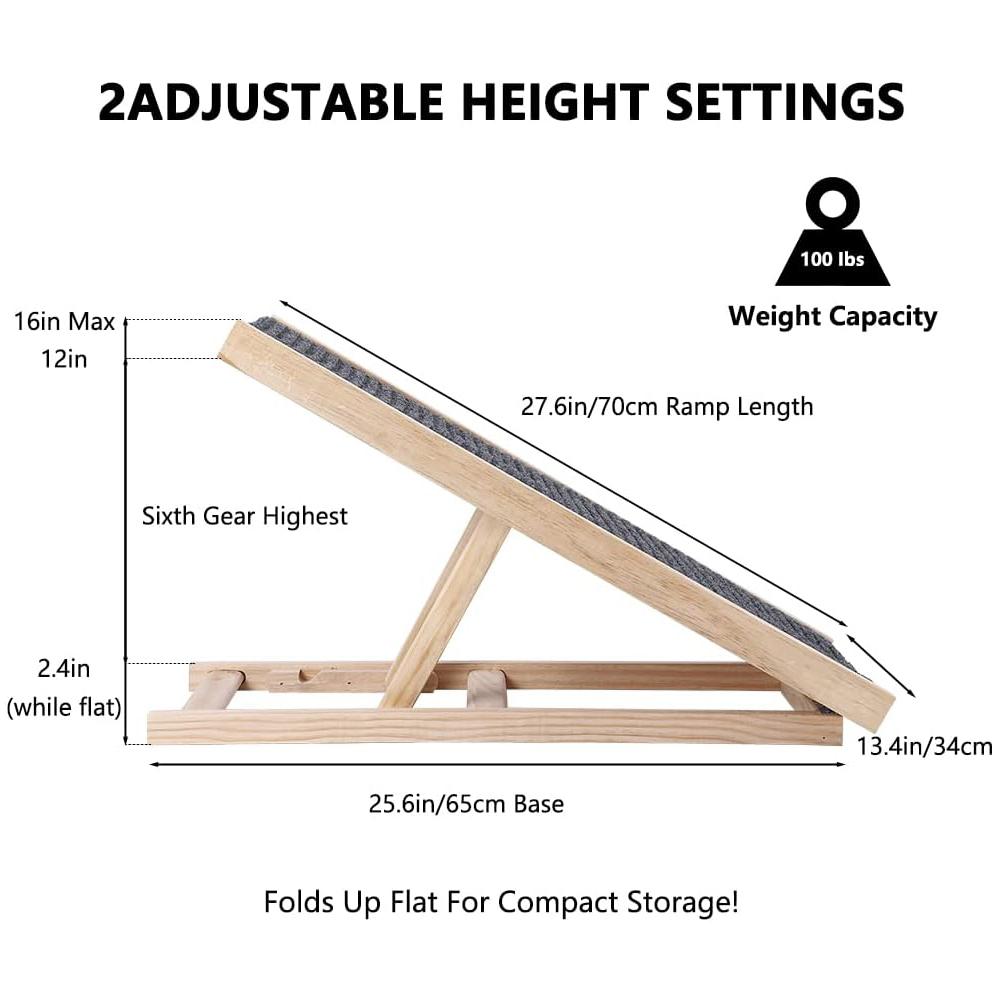Pet Dog Ramp Wooden Portable Folding Pet Ramp for All Dogs and Cats 27.5" Long Adjustable from 12” to 16” Up to 110Lbs Dog Ramps for Bed Couch Car