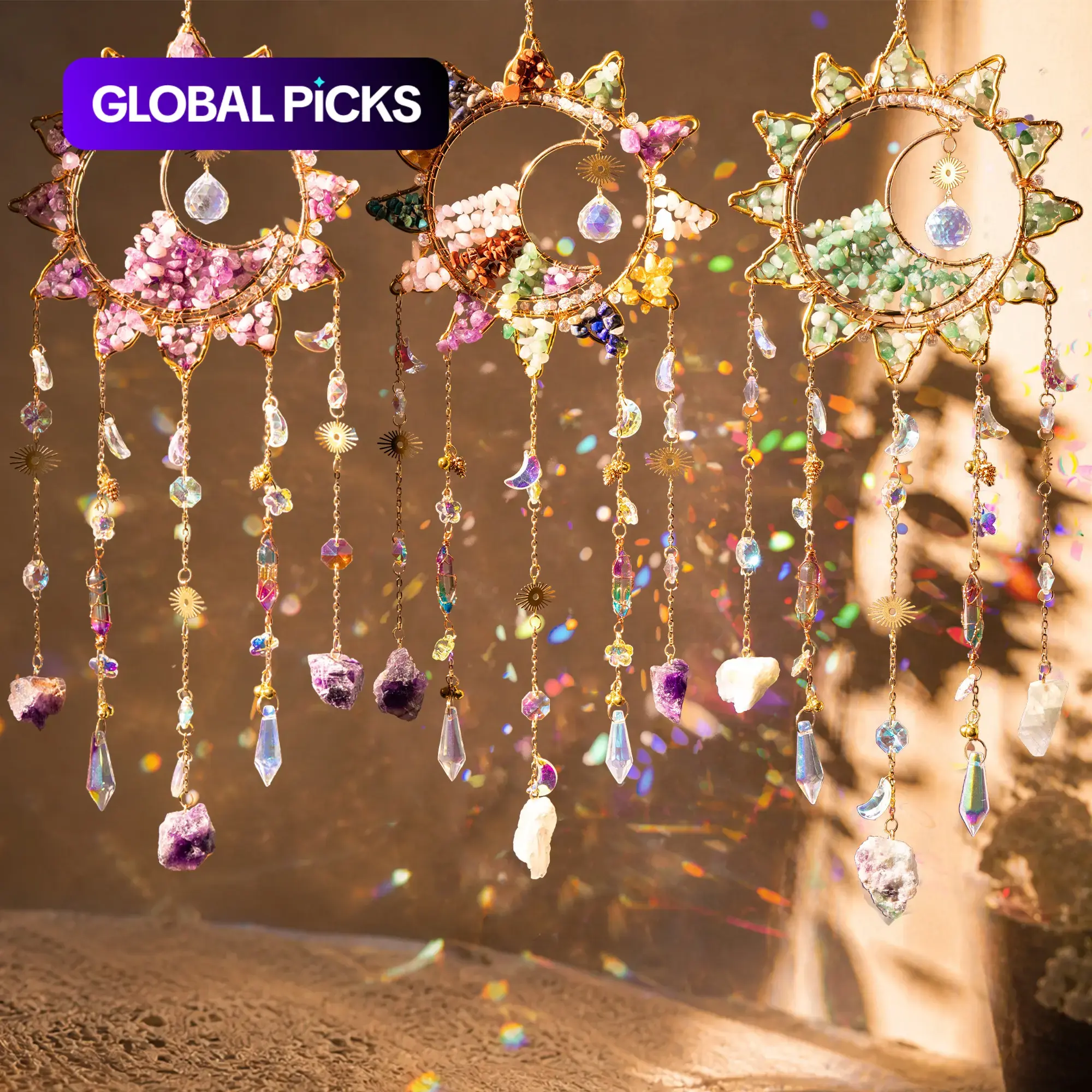 Natural Gemstone Crystal Sun Catcher, Sun and Moon Wire Wrapped Frame with Sparkling Glass Prism, Rainbow Maker Window Hanging Pendant Ornament for Home Garden Balcony Decoration, Bohemian Window Decor, Boho Decoration