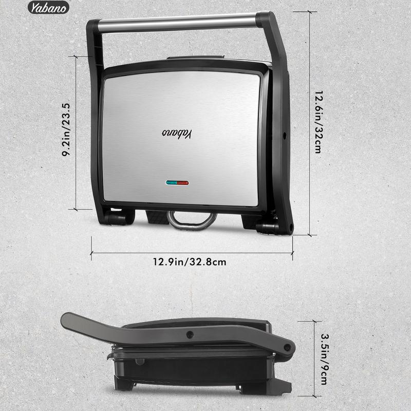 Yabano Panini Press Grill, Gourmet Sandwich Maker, Electric Indoor Grill with Non-Stick Cooking Plate and Removable Drip Tray, Easy to Clean, Stainless Steel shaq branded panini press