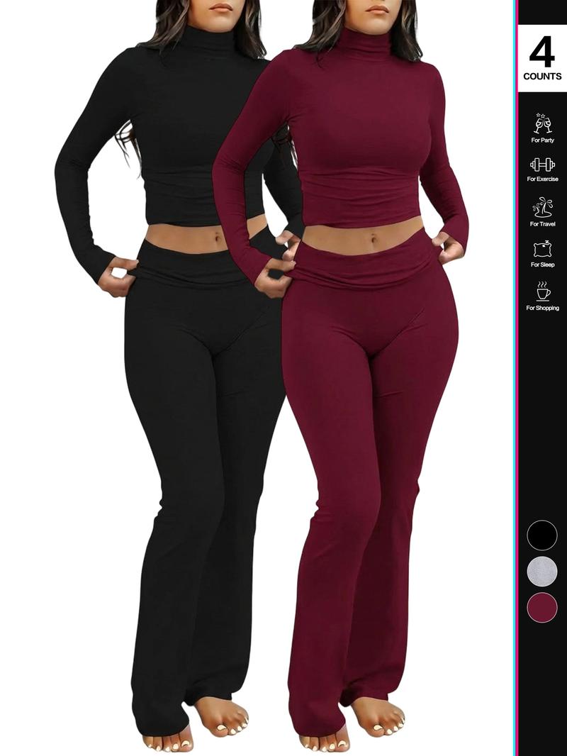 Women's Two-Piece Set Long-Sleeved Top & Elastic-Waisted Pants, Casual Breathable for Autumn Winter Everyday Wear