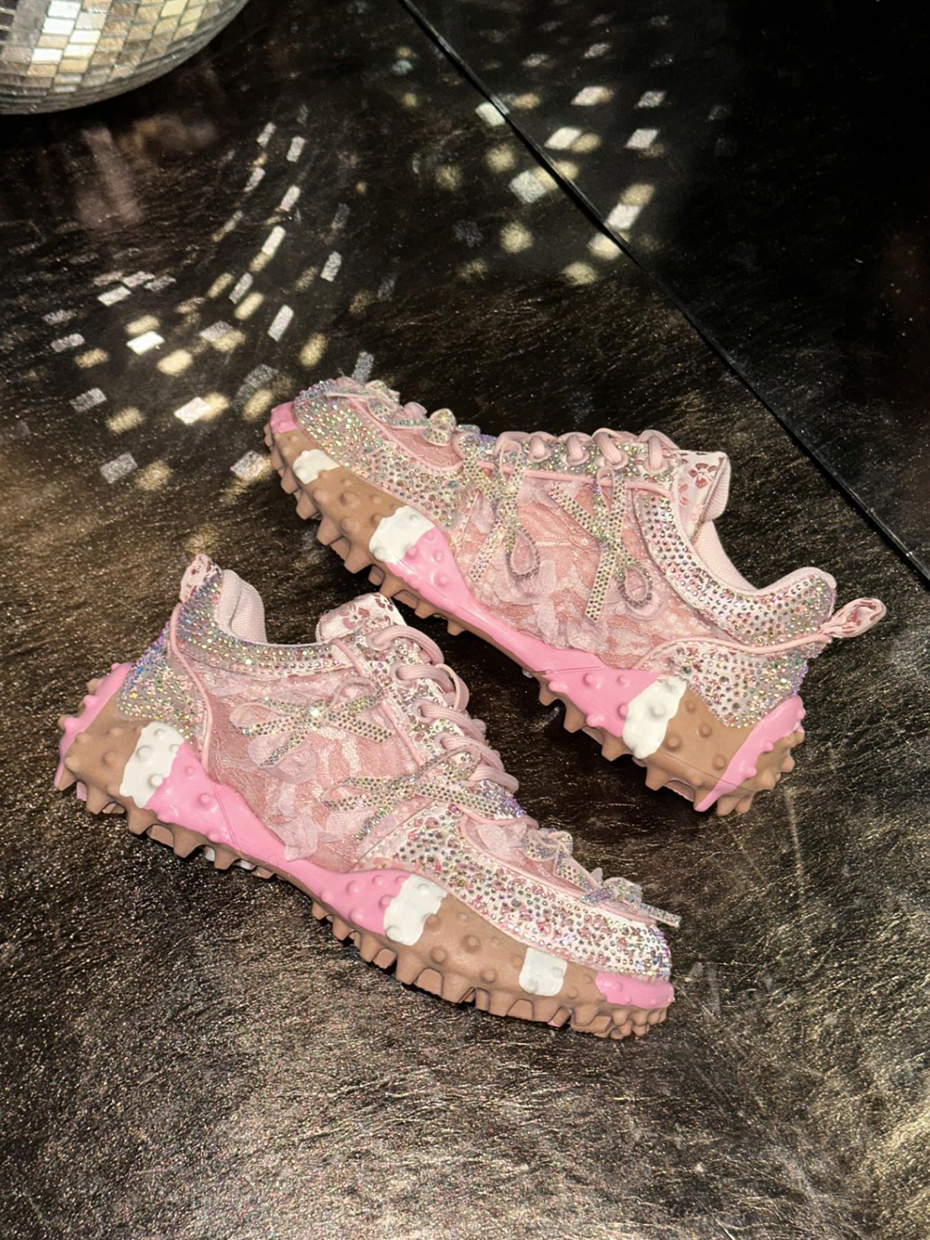 Sweet Cool Girl Style Rhinestone Lace Rose Bow Dad Shoes, Thick Rubber Sole Height Boost Slimming Anti-Slip Casual Streetwear Sports Shoes