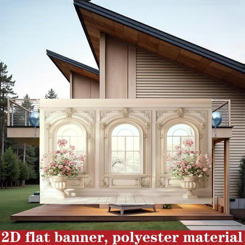 French Vintage Arch Background Cloth, European Floral Window Scene Rose Vase Photo Hanging Cloth, Wedding Birthday Party Decor