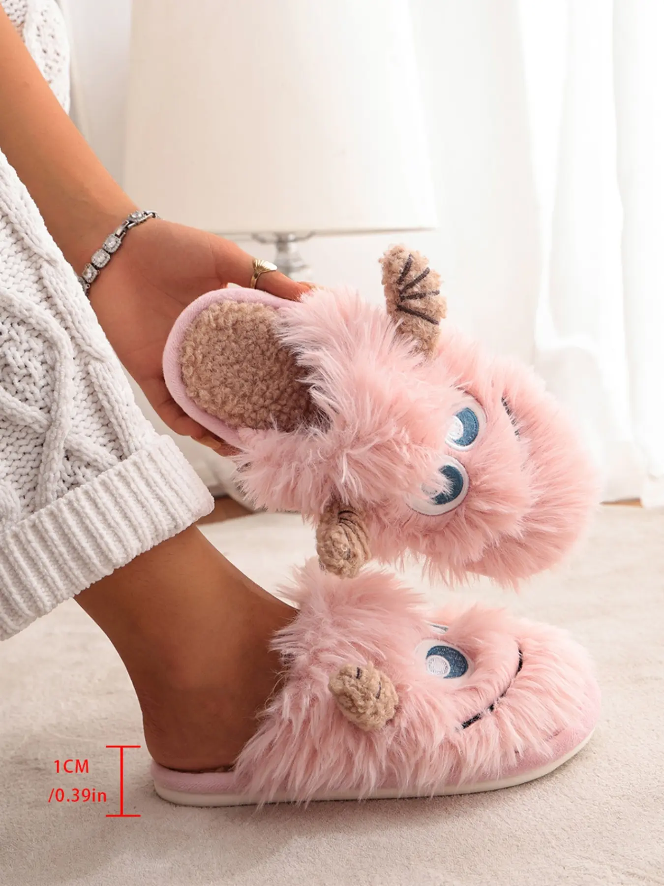 Cartoon Horned Monster Plush Slip-On Shoes for Women, Winter Home Thick Anti-Slip Cute Monster Warm Fuzzy Cotton Slippers